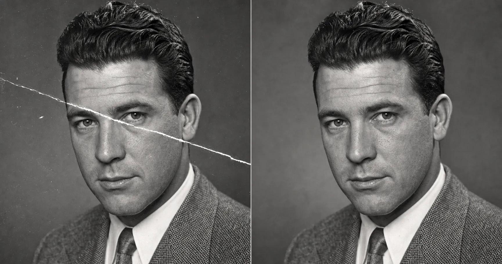 Before and after of a 1950s black-and-white studio portrait of a man. The before has a deep diagonal emulsion scratch across his cheek and through the corner of his eye plus surface dust. The after removes the scratch by reconstructing the skin only from the face visible on both sides of the scratch line, keeping the same bone structure, eye shape, and hairline, with the print still pure black-and-white.