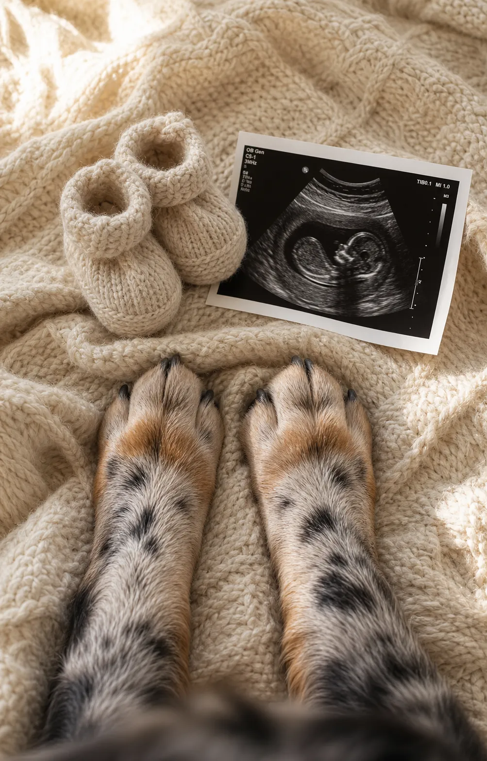 A dog's front paws resting on a knit blanket beside a pair of tiny baby booties and a sonogram.