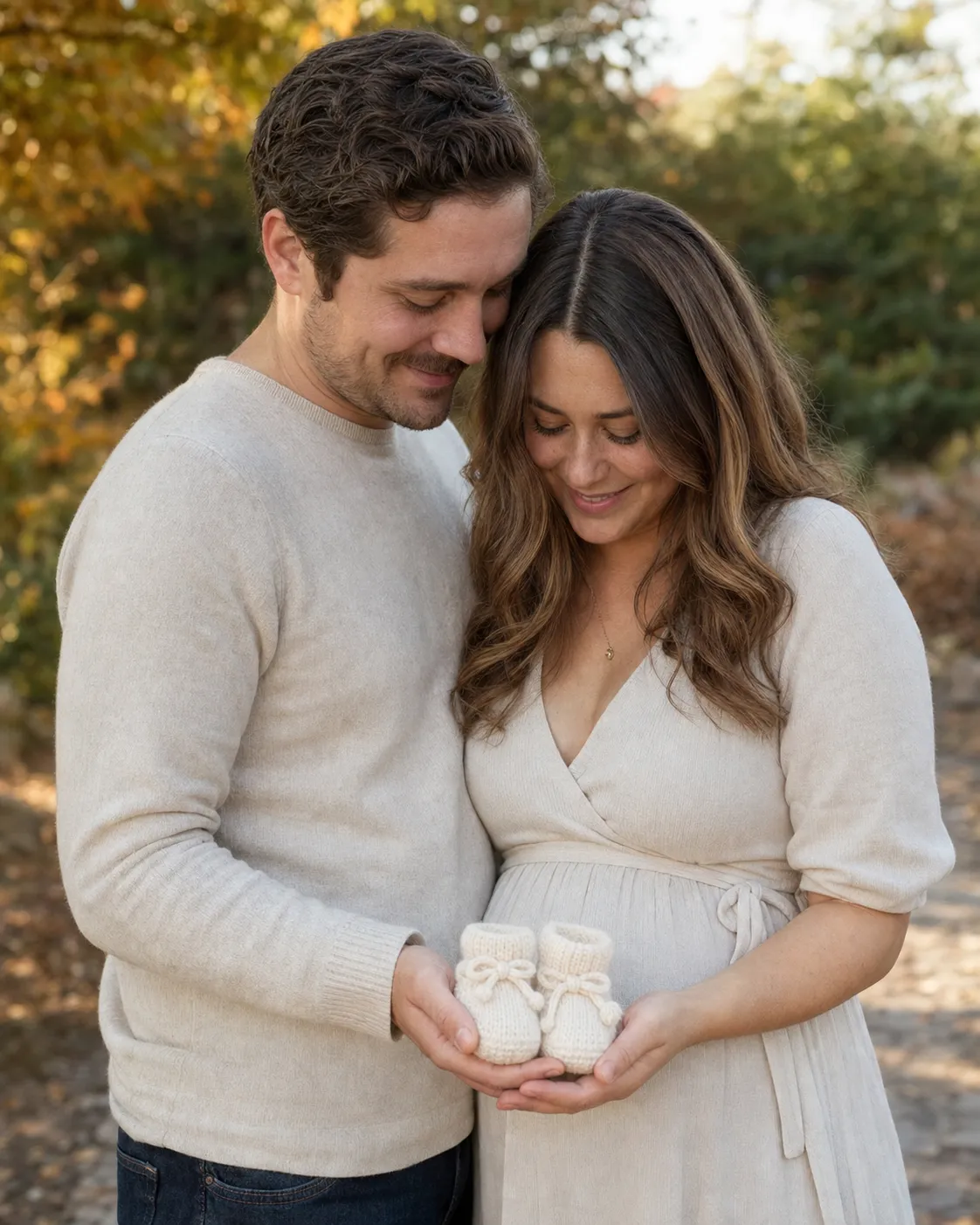 An outdoor pregnancy announcement portrait: a couple cupping a pair of tiny baby booties together on a golden autumn path.