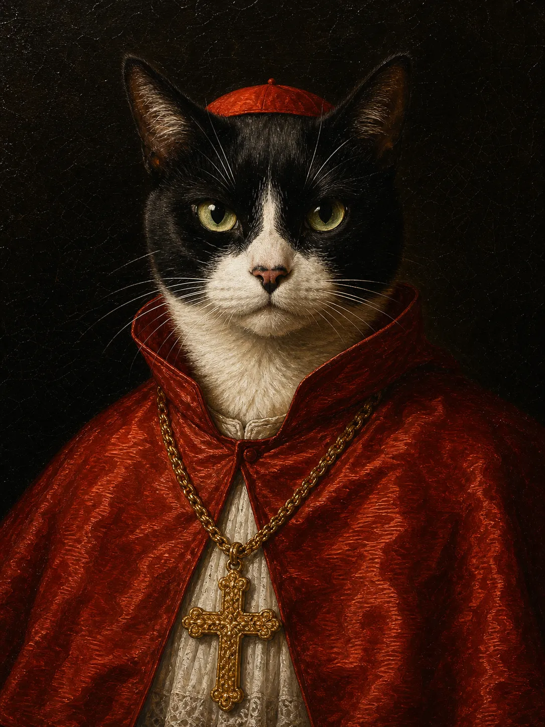 Oil-painting royal portrait of a black-and-white tuxedo cat as a 17th-century Catholic cardinal, wearing a deep-red watered-silk mozzetta cape, gold pectoral cross, and red zucchetto skullcap against a near-black Caravaggio background, the cardinal-in-red variant of the AI royal pet portrait prompt.