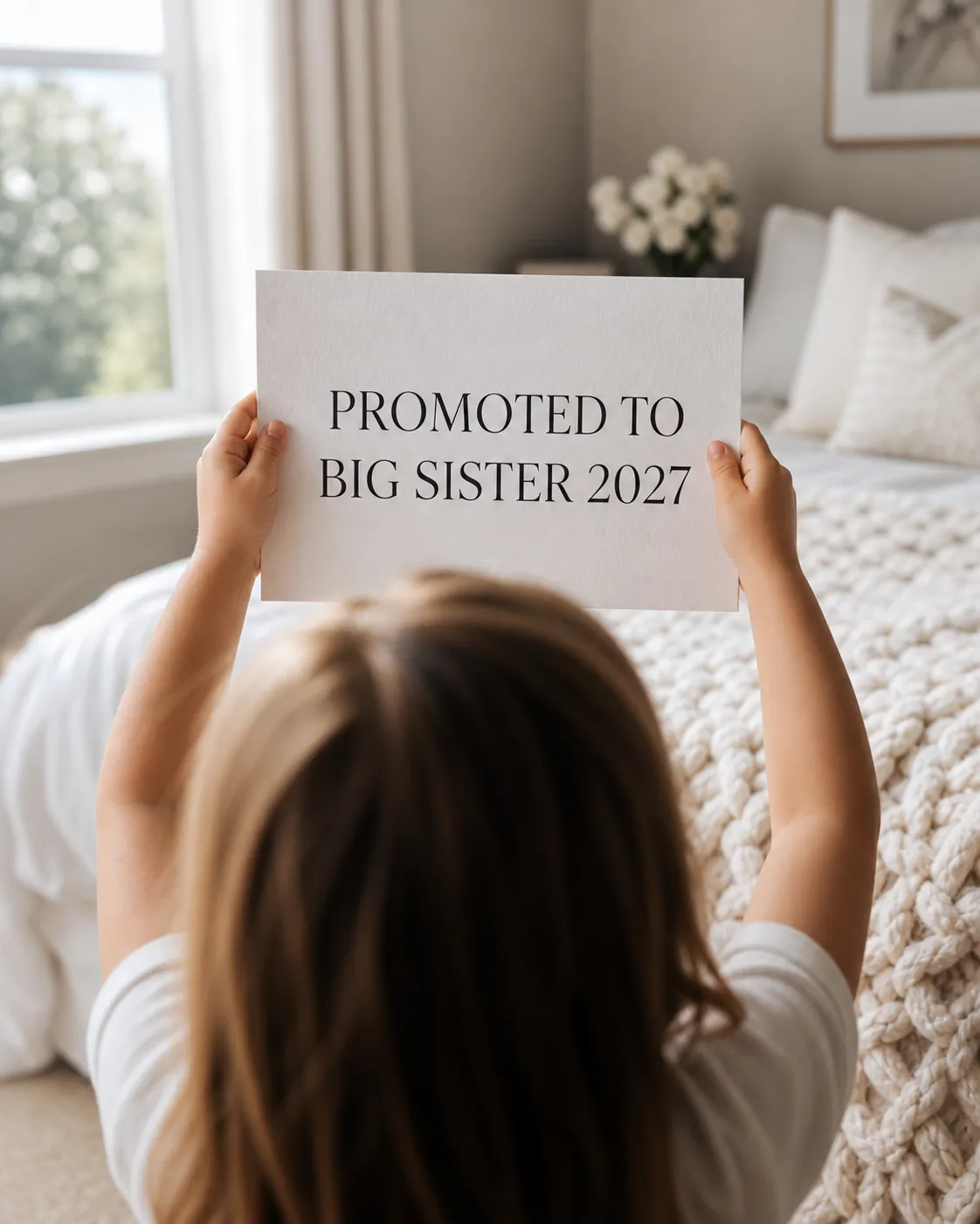 A pregnancy announcement photo of a young child seen from behind, holding up a sign that reads Promoted to Big Sister 2027.