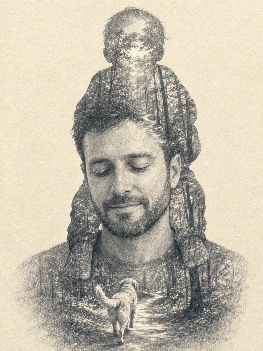 Pencil-sketch double-exposure portrait of a 35-year-old father with a small toddler silhouetted on his shoulders, on warm cream paper, with a wooded walking trail and a golden retriever ahead on the path revealed inside their combined silhouette, the dog-trail variant of the AI Father's Day gift prompt.