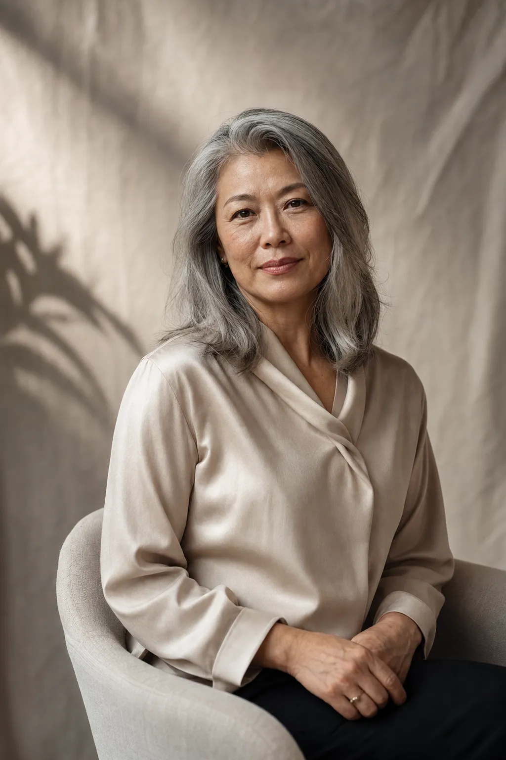 Cinematic editorial AI founder portrait of a 54-year-old female executive coach with silver-grey hair, in an oatmeal silk blouse against a cream linen backdrop with soft directional key light, identity-locked through the realistic AI headshot prompt.