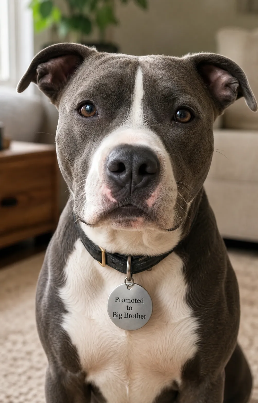 A close-up of a dog wearing a round collar tag engraved Promoted to Big Brother.