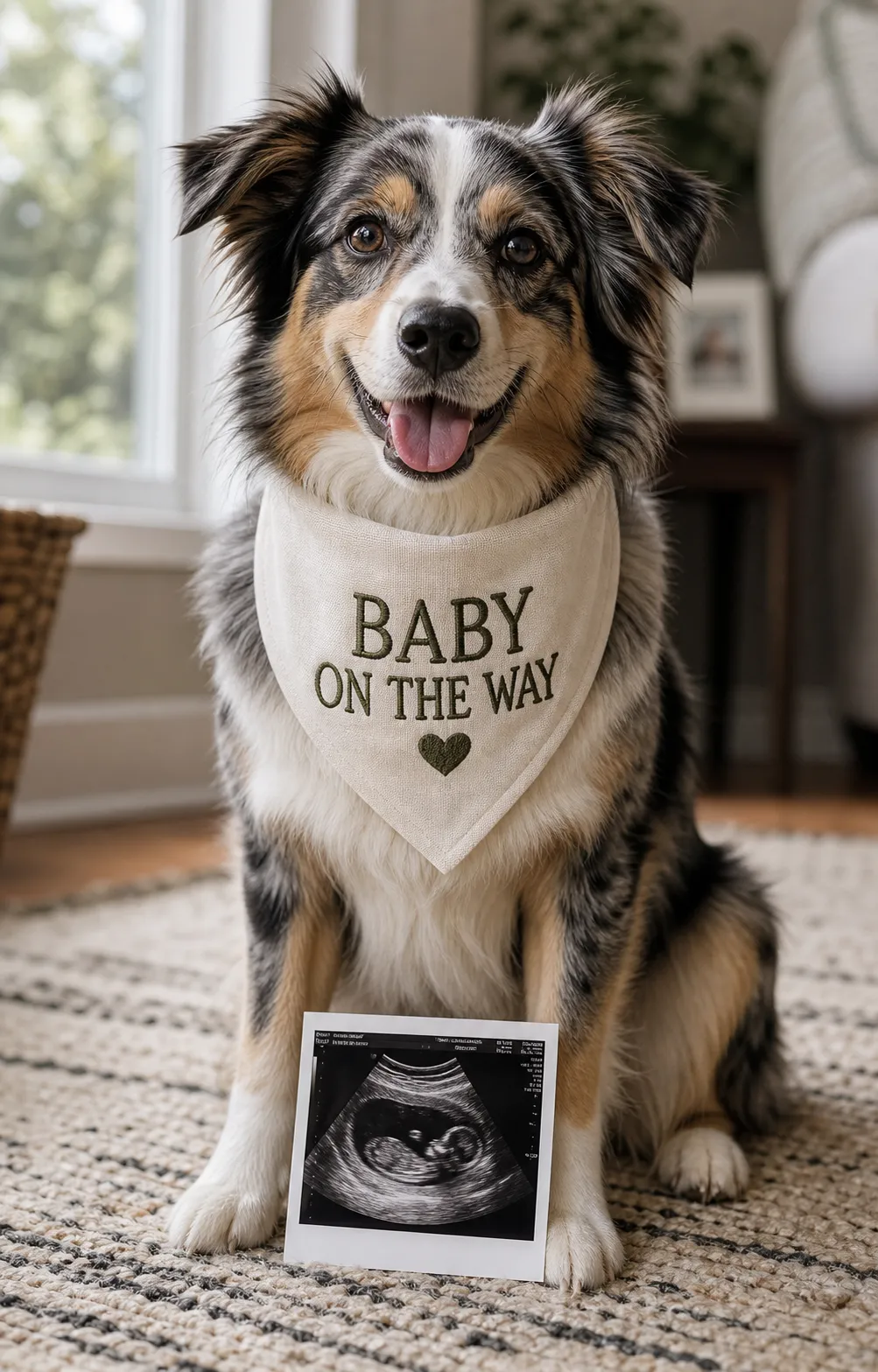 A pregnancy announcement photo of a dog wearing a Baby On The Way bandana with a sonogram between its paws.