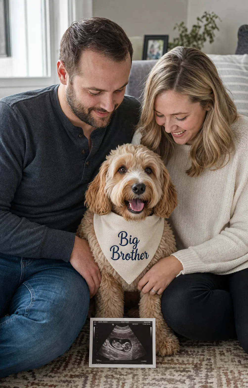 A couple sitting on the floor with their dog wearing a Big Brother bandana and a sonogram between them.