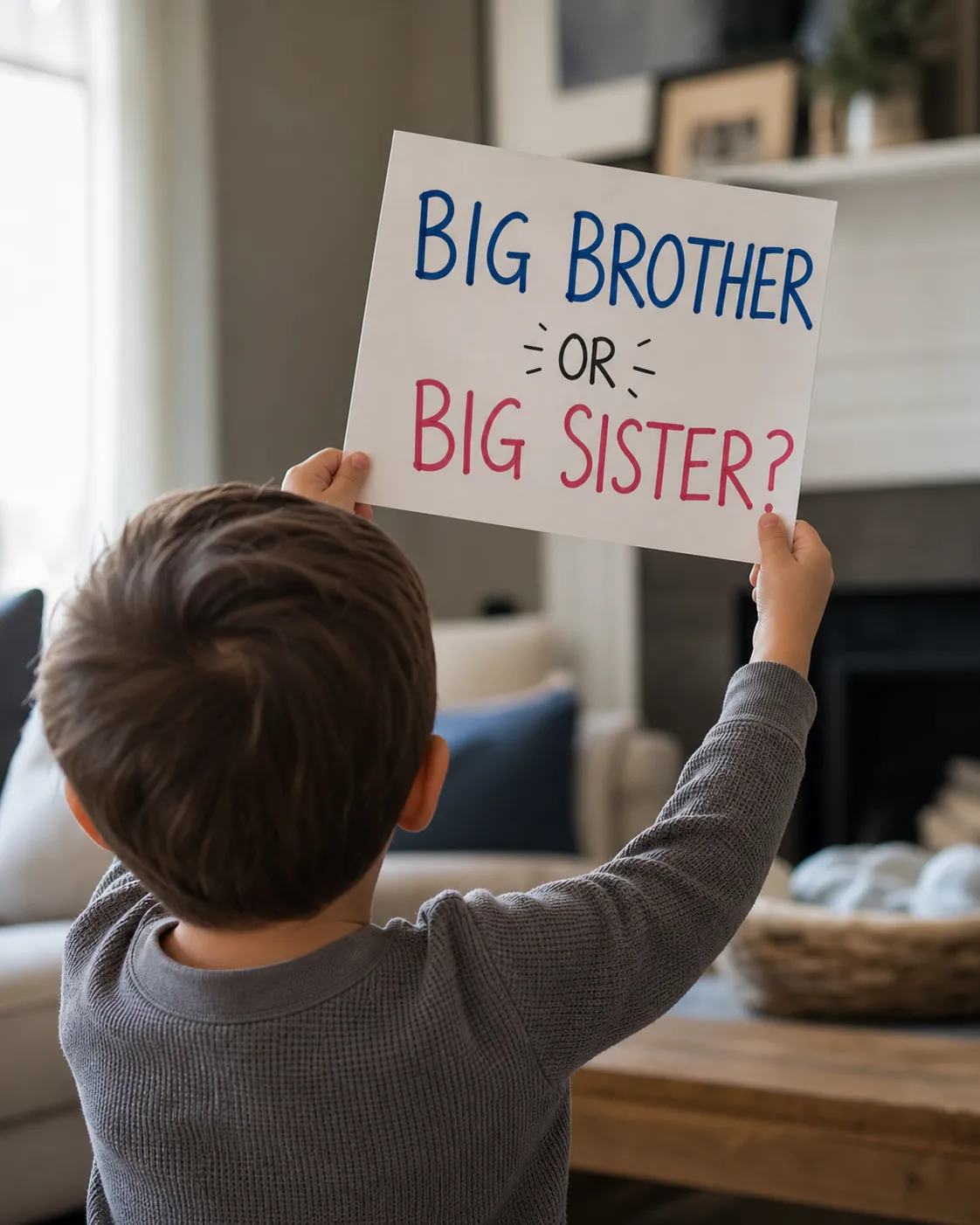 A young child seen from behind in a sunlit living room holding up a sign that reads Big Brother or Big Sister.