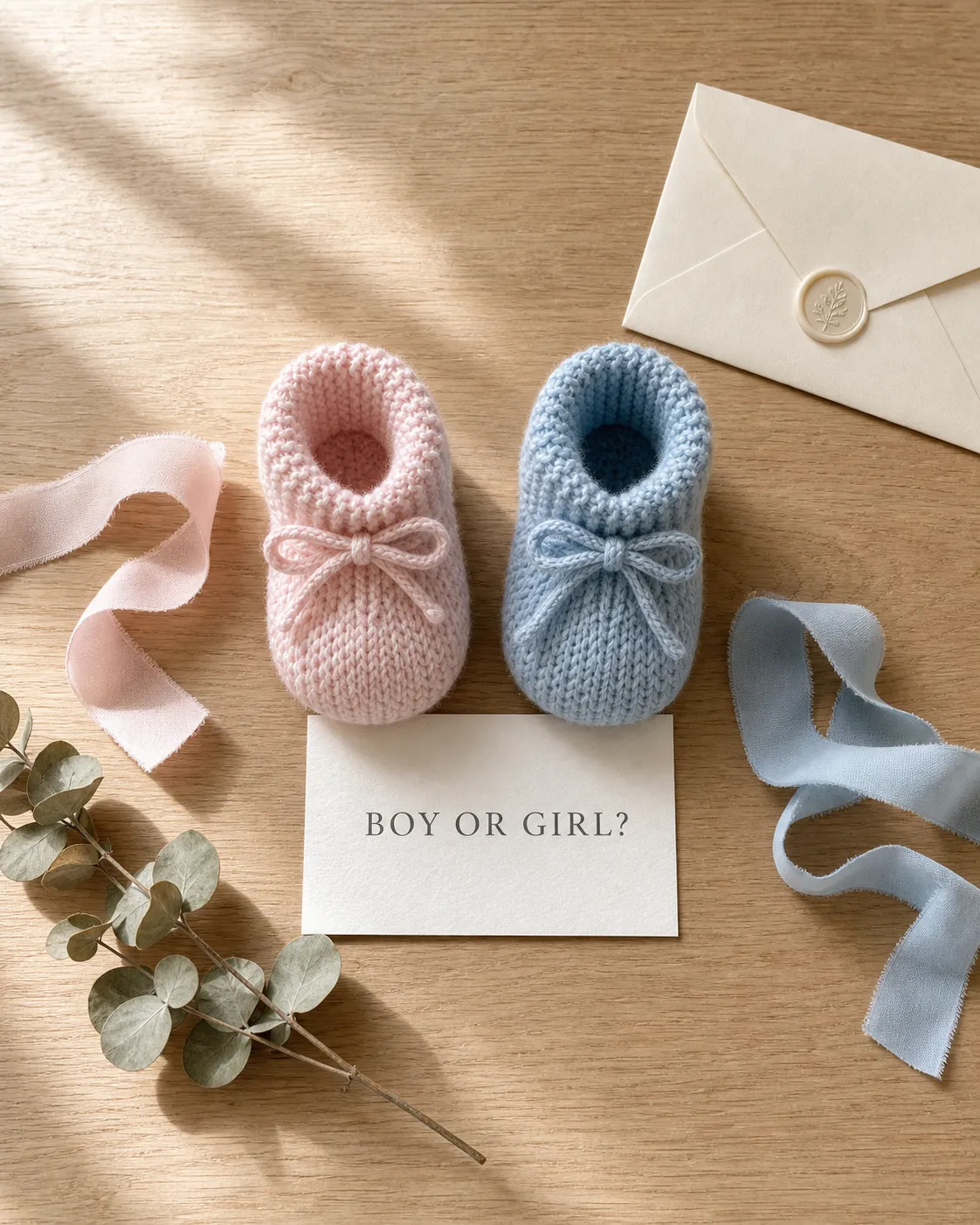 An overhead flat-lay with one pink and one blue knit baby bootie side by side and a Boy or Girl card on warm oak wood.