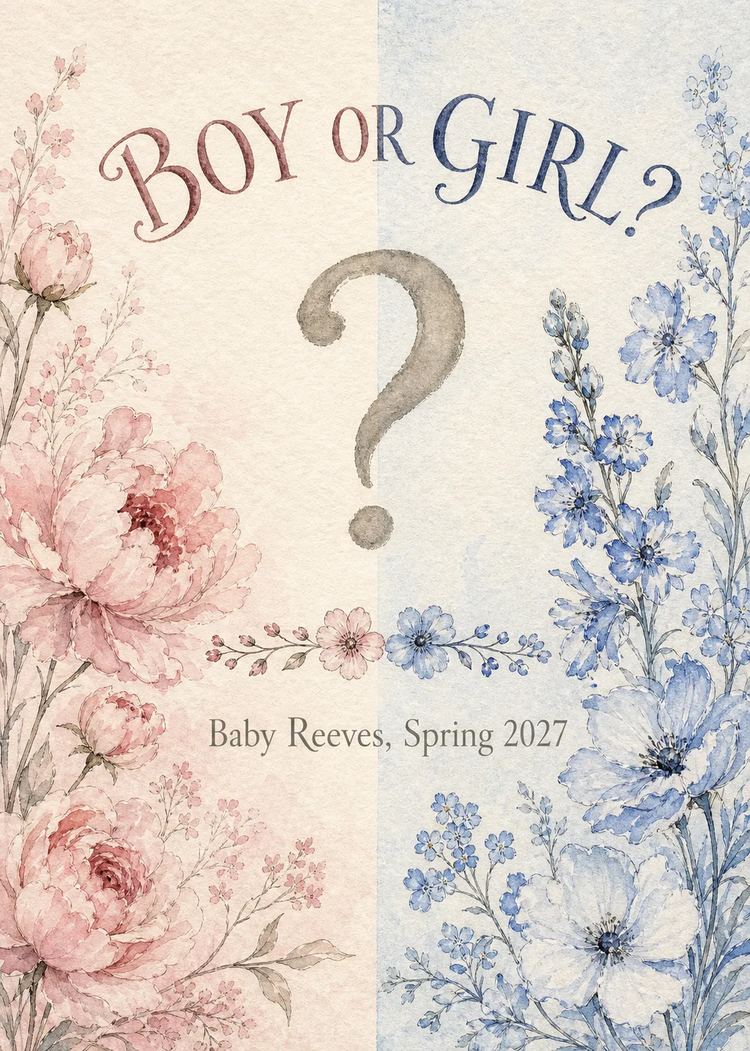 A watercolor gender reveal card split 50/50 pink and blue with a big hand-lettered question mark and a Boy or Girl? headline.