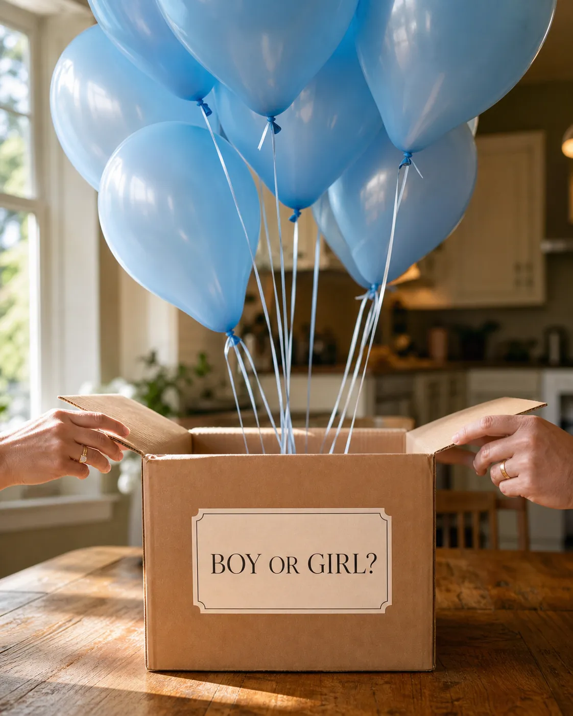 A pair of hands lifting open a kraft box labeled Boy or Girl as a cluster of soft blue balloons floats out on a kitchen table.