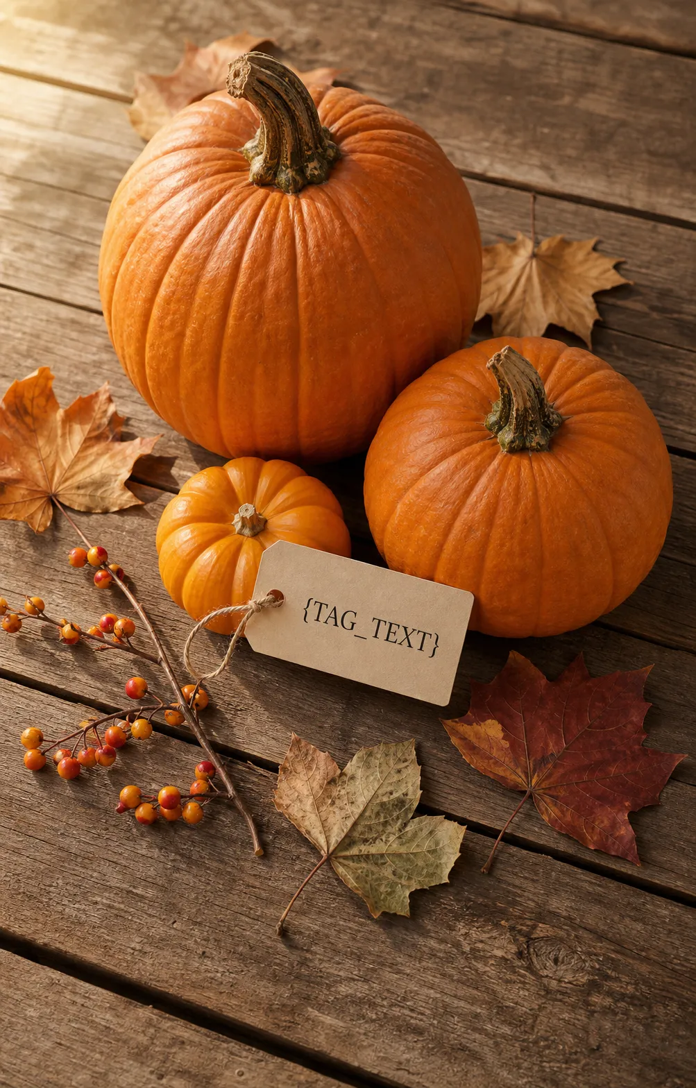 An autumn pregnancy announcement flat-lay: three graduated pumpkins with a tiny one tagged Due in Spring on weathered wood.