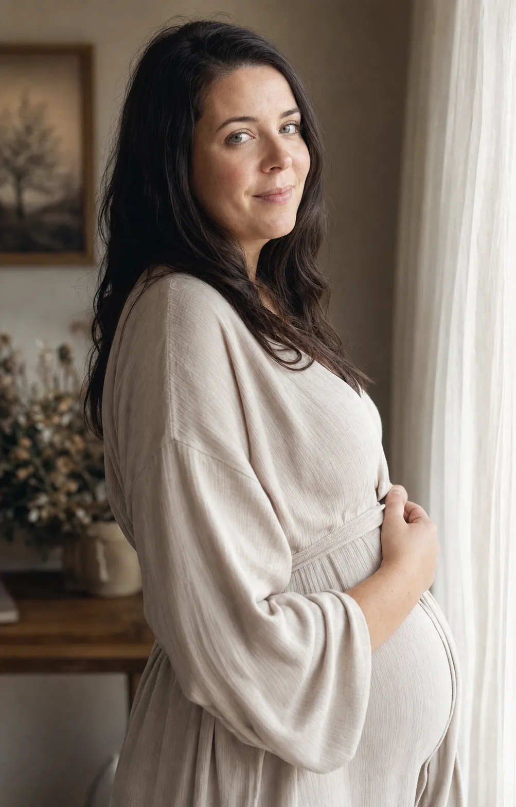 A cinematic editorial maternity-style pregnancy announcement portrait in soft side-window light, hand resting at the midsection.