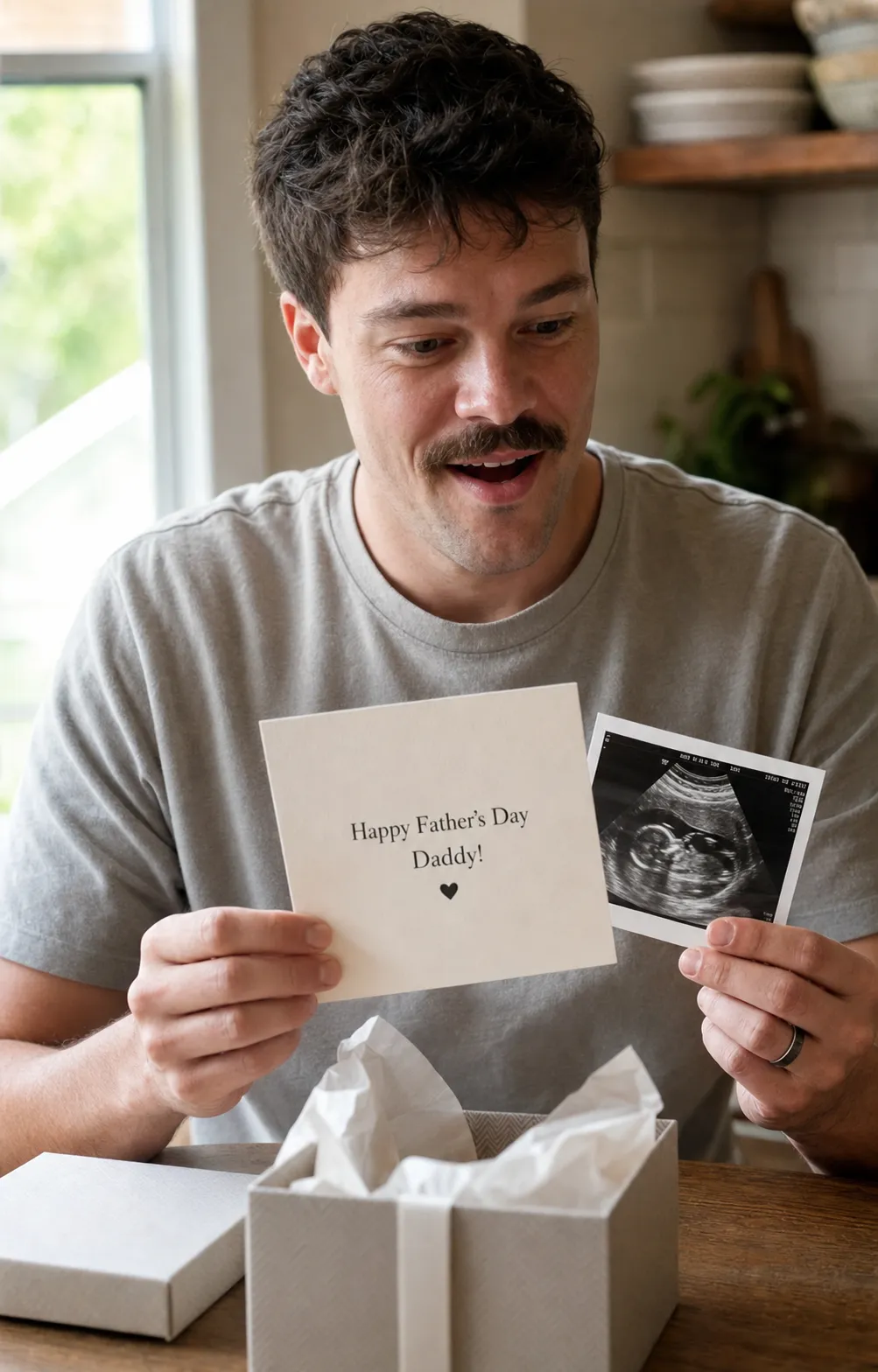 A Father's Day pregnancy reveal portrait: the dad-to-be opening a card that reads Happy First Father's Day beside a sonogram.