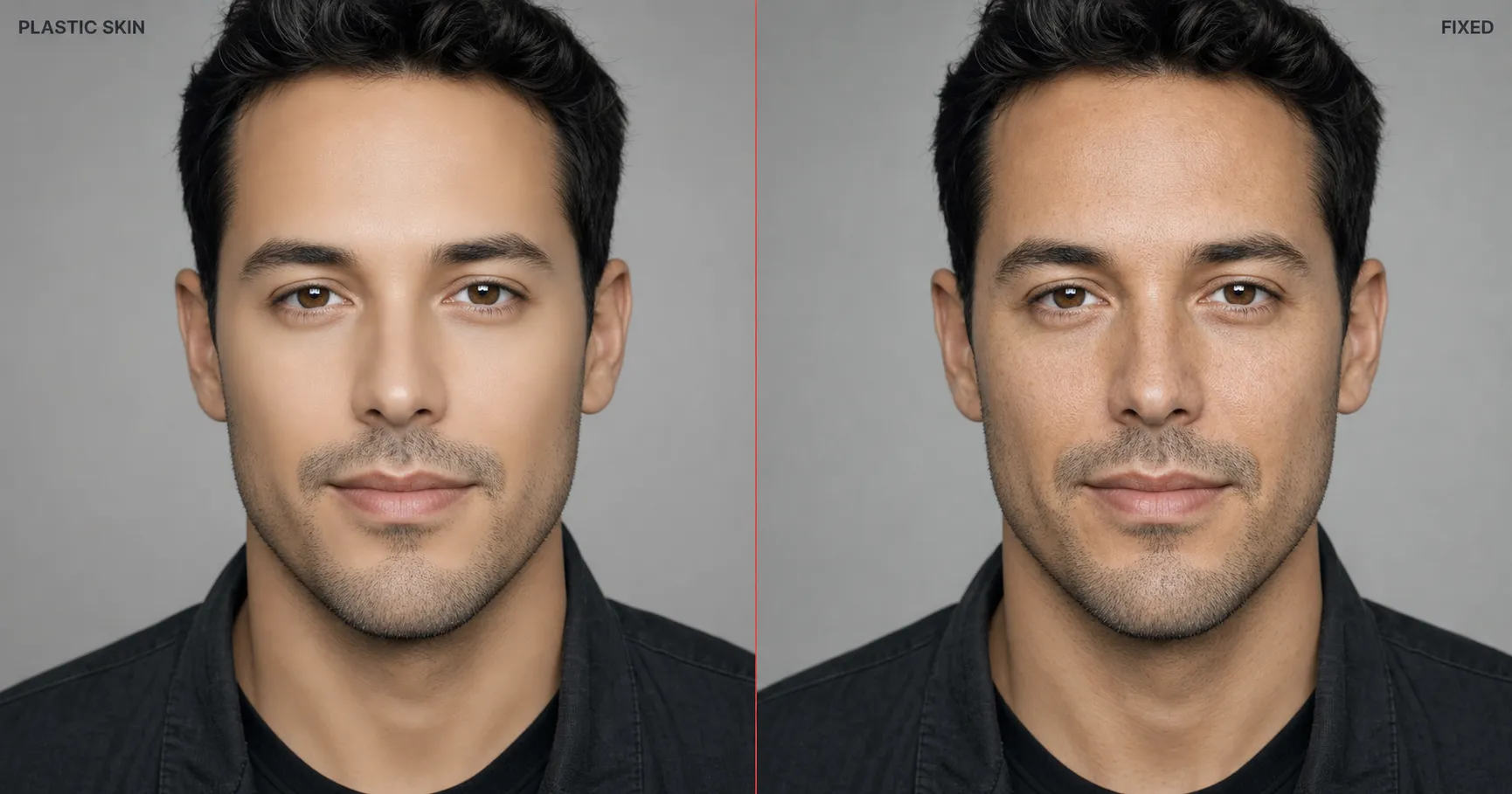 Side-by-side founder portrait, left half labeled Plastic Skin shows airbrushed poreless waxy AI-default skin, right half labeled Fixed shows the same face with visible pores, fine film grain, and micro-asymmetry after applying the micro-imperfection-trio prompt phrasing.