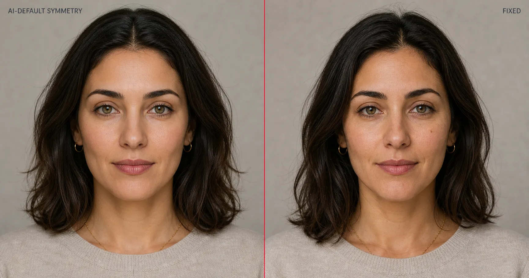 Side-by-side female portrait, left half labeled AI-default Symmetry shows eerily mirror-symmetric face with both halves identical, right half labeled Fixed shows the same face with natural micro-asymmetry visible after the explicit micro-asymmetry tag.