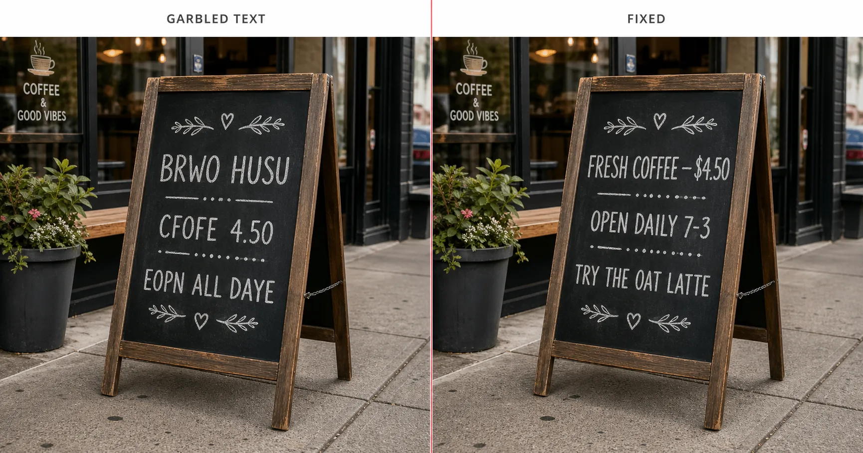 Side-by-side cafe chalkboard sign, left half labeled Garbled Text shows hand-lettered text that has the shape of words but reads as Lorem-Ipsum-shaped gibberish on close inspection, right half labeled Fixed shows the same chalkboard with correctly rendered English menu text after hardcoding the exact letters in the prompt body and locking typography style.