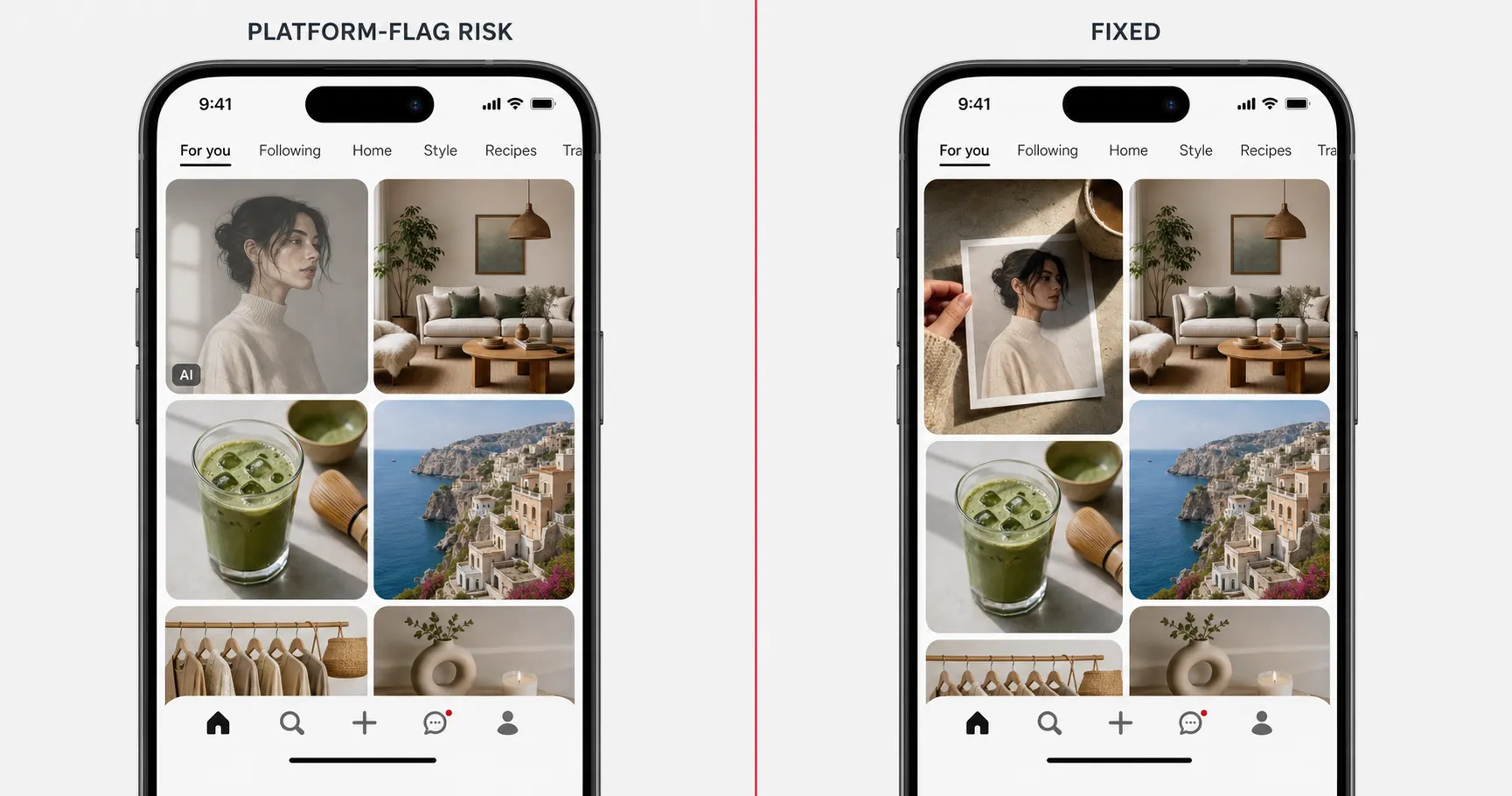 Side-by-side phone feed mockup, left half labeled Platform-Flag Risk shows an AI-rendered Pin carrying a visible Made-with-AI badge and slightly desaturated reach in the platform feed, right half labeled Fixed shows the same Pin blending into the feed without a label after adding real-photo cues like paper grain and environmental shadows.