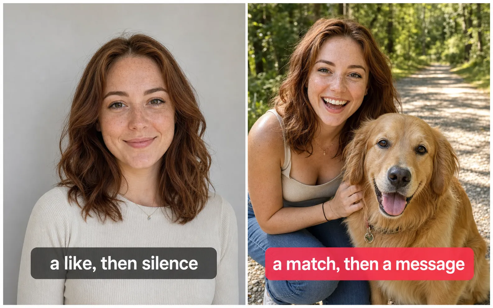 A photoreal before-and-after for a Bumble first photo on the same woman with auburn wavy hair. On the left, a clean and attractive head-and-shoulders portrait against a blank wall with nothing to reference, labeled a like, then silence. On the right, the same woman in a portrait lead with a golden retriever on a sunlit trail, her warm face still front and center, labeled a match, then a message.