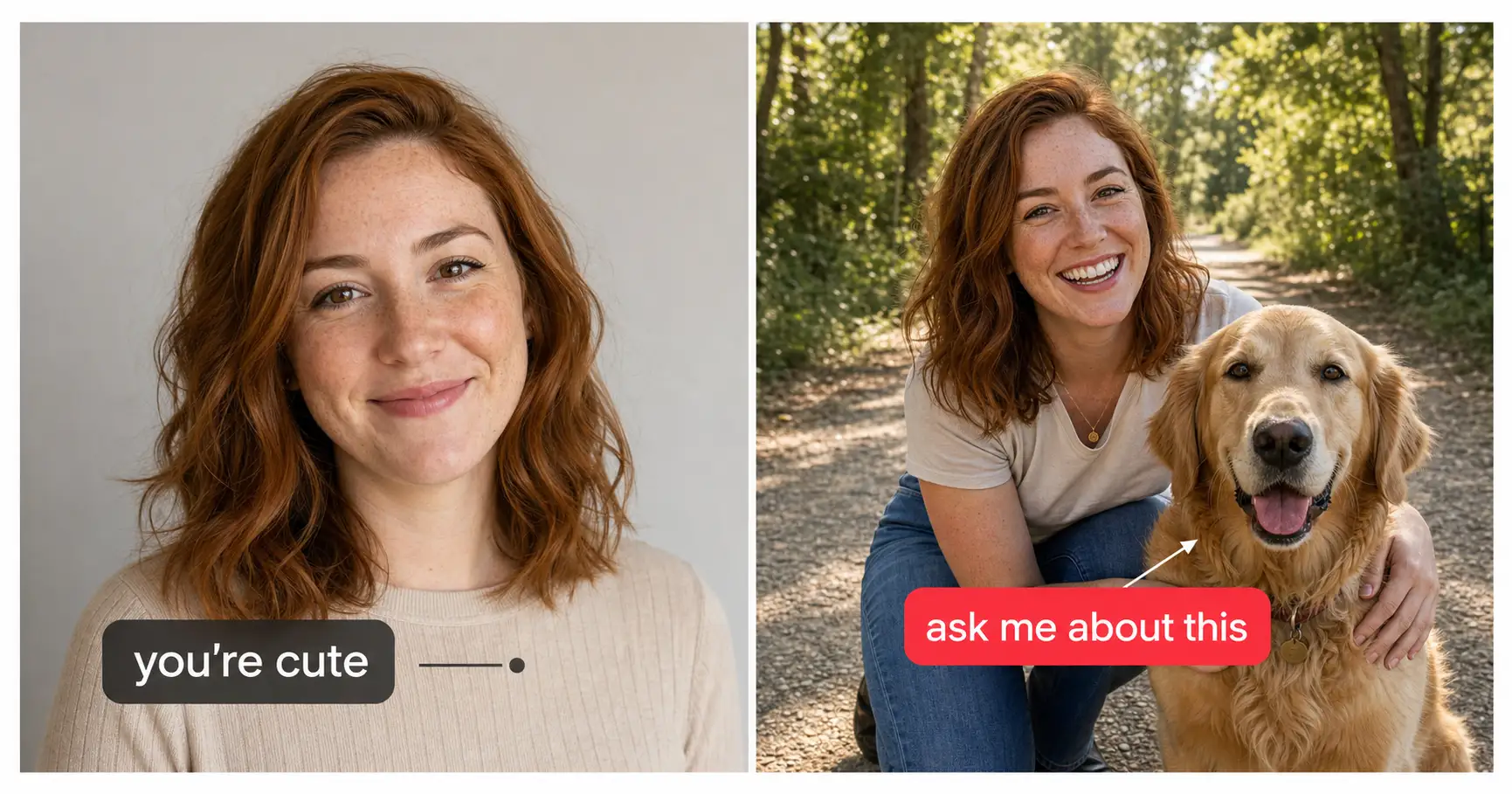 A photoreal split image showing the Bumble Opener Test on the same woman with auburn wavy hair and freckles. On the left, a plain head-and-shoulders portrait against a blank wall with a grey label reading you're cute and a dead-end dot. On the right, the same woman crouched beside a golden retriever on a sunlit tree-lined trail with a red label and arrow pointing at the dog reading ask me about this.