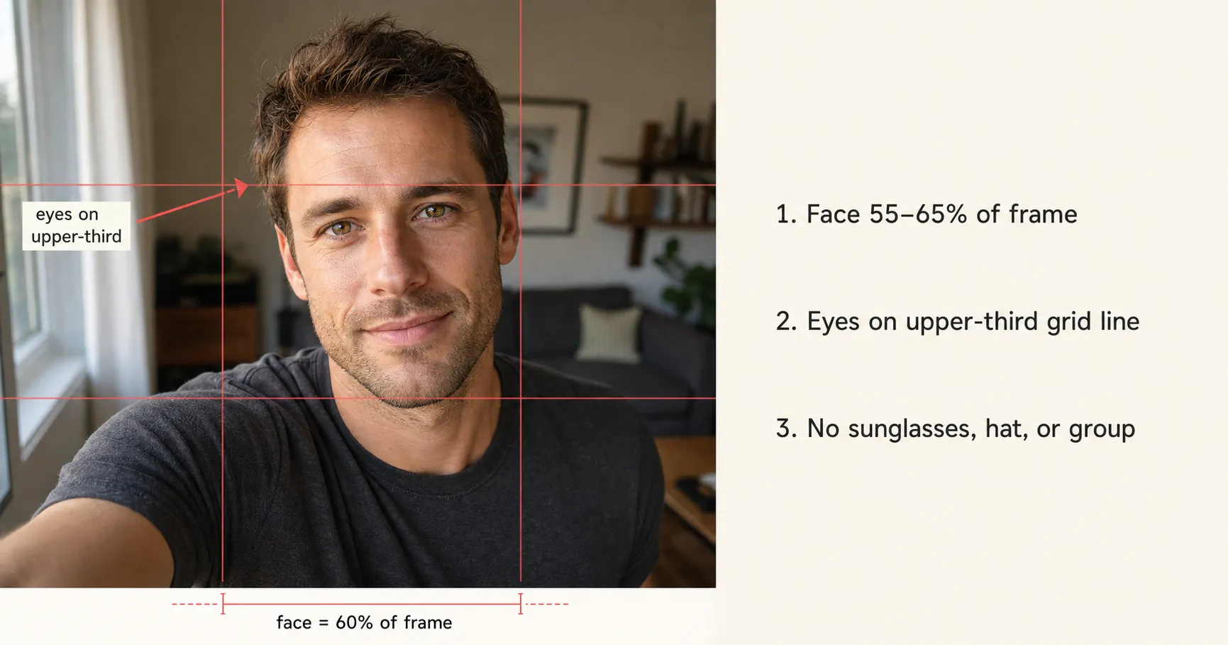A photoreal hero image showing the lead-photo rule-of-thirds rule applied to a dating-app lead photo of a 32-year-old man with brown hair and hazel eyes, his face occupying about 60% of the vertical frame and his eye line landing precisely on the upper horizontal third of an overlaid rule-of-thirds grid drawn in translucent Rausch red, with three numbered rule labels stacked on the right of the image reading face 55 to 65 percent of frame, eyes on upper-third grid line, and no sunglasses hat or group, visually demonstrating the named lead-photo 3-rule stack that the article argues decides Hinge match rate at the lead-photo slot.