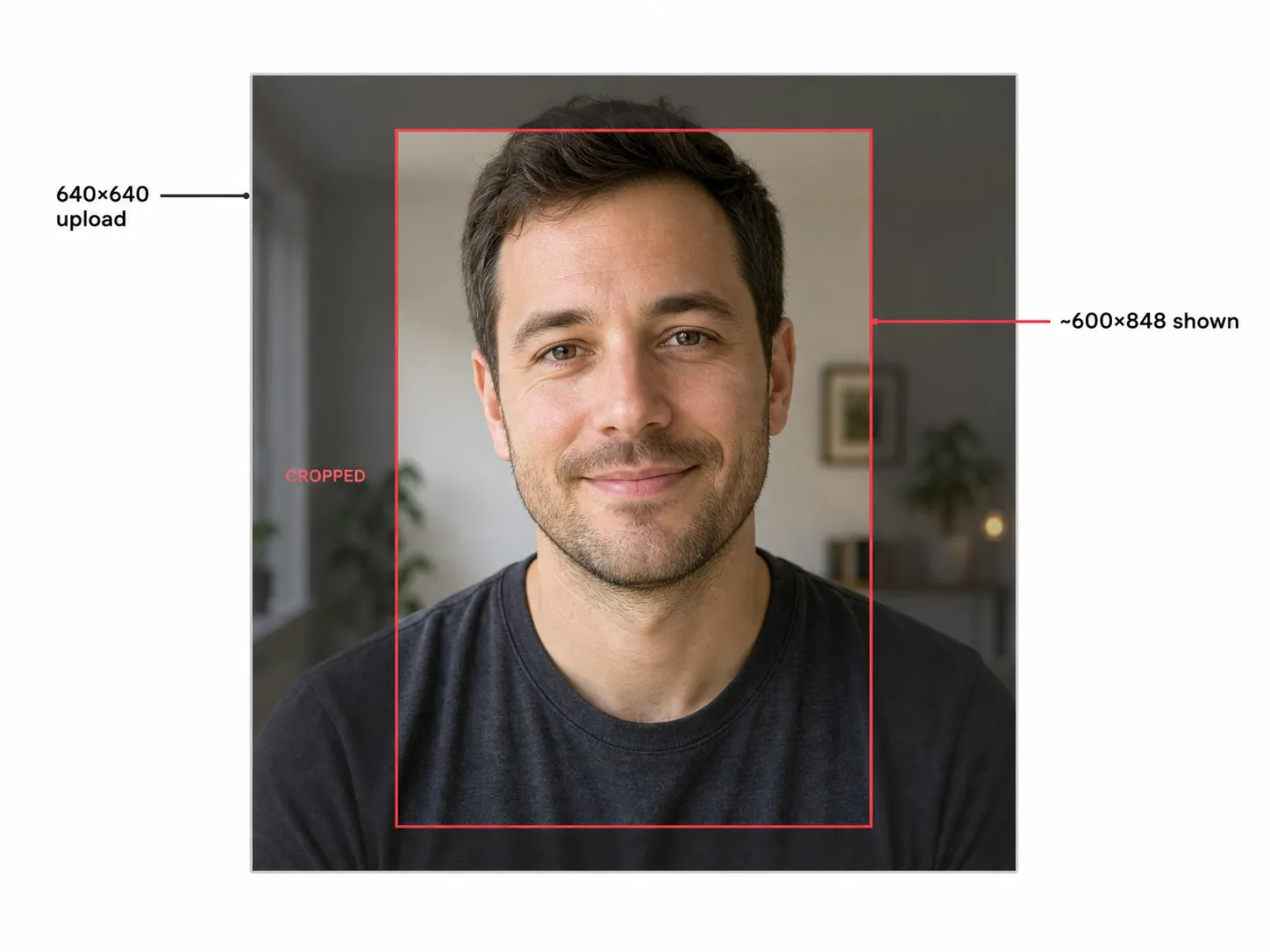 A teaching figure showing the Tinder deck-zoom: the full square photo a man uploads at 640 by 640 pixels, with a translucent red rectangle marking the narrower center region Tinder actually displays in the swipe deck at about 600 by 848 pixels, the area outside the rectangle dimmed and labeled cropped, demonstrating that the deck keeps the centered face and discards the top of the head and the sides.