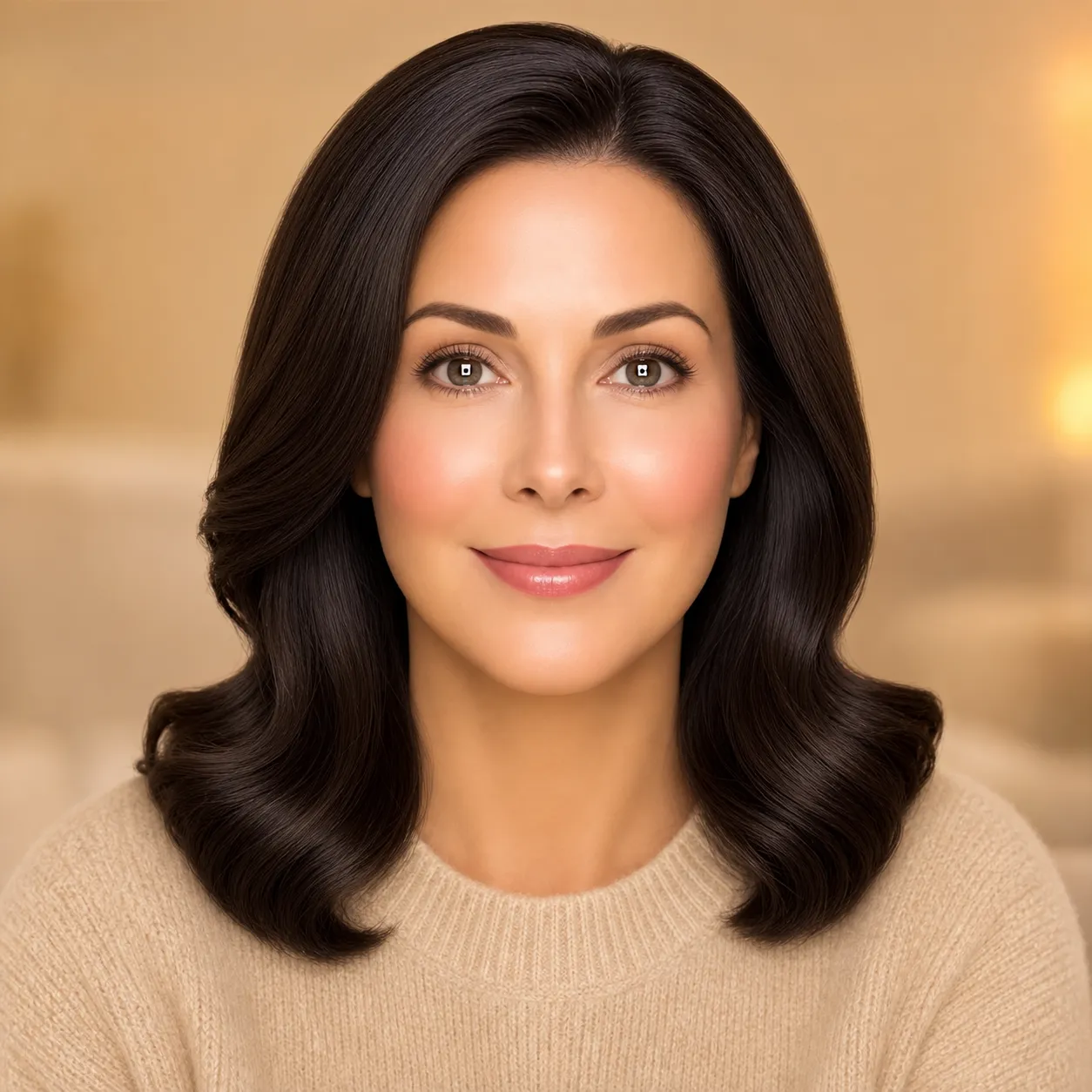 Example of waxy plastic AI photo of a 40-something woman with glossy poreless skin and AI-default symmetric features, the failure mode that makes AI images look fake.