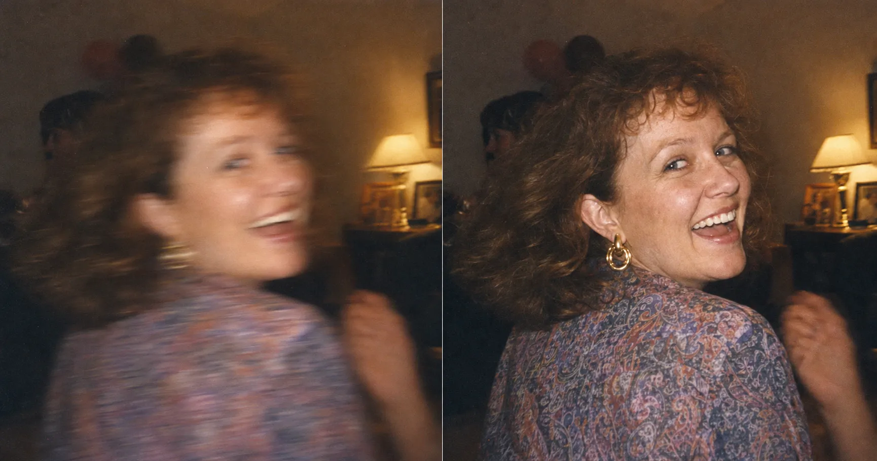Before and after of a motion-blurred mid-1990s candid of a laughing woman at a party, smeared and soft on the left, clarified on the right with her face readable but a faint trace of motion kept in her hair.