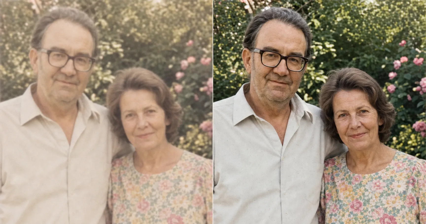 Before and after of a soft-focus low-resolution 1970s garden photo of an older couple, mushy and faded on the left, brought to a clear naturally detailed print on the right with the same faces, glasses, wrinkles, and period color preserved.