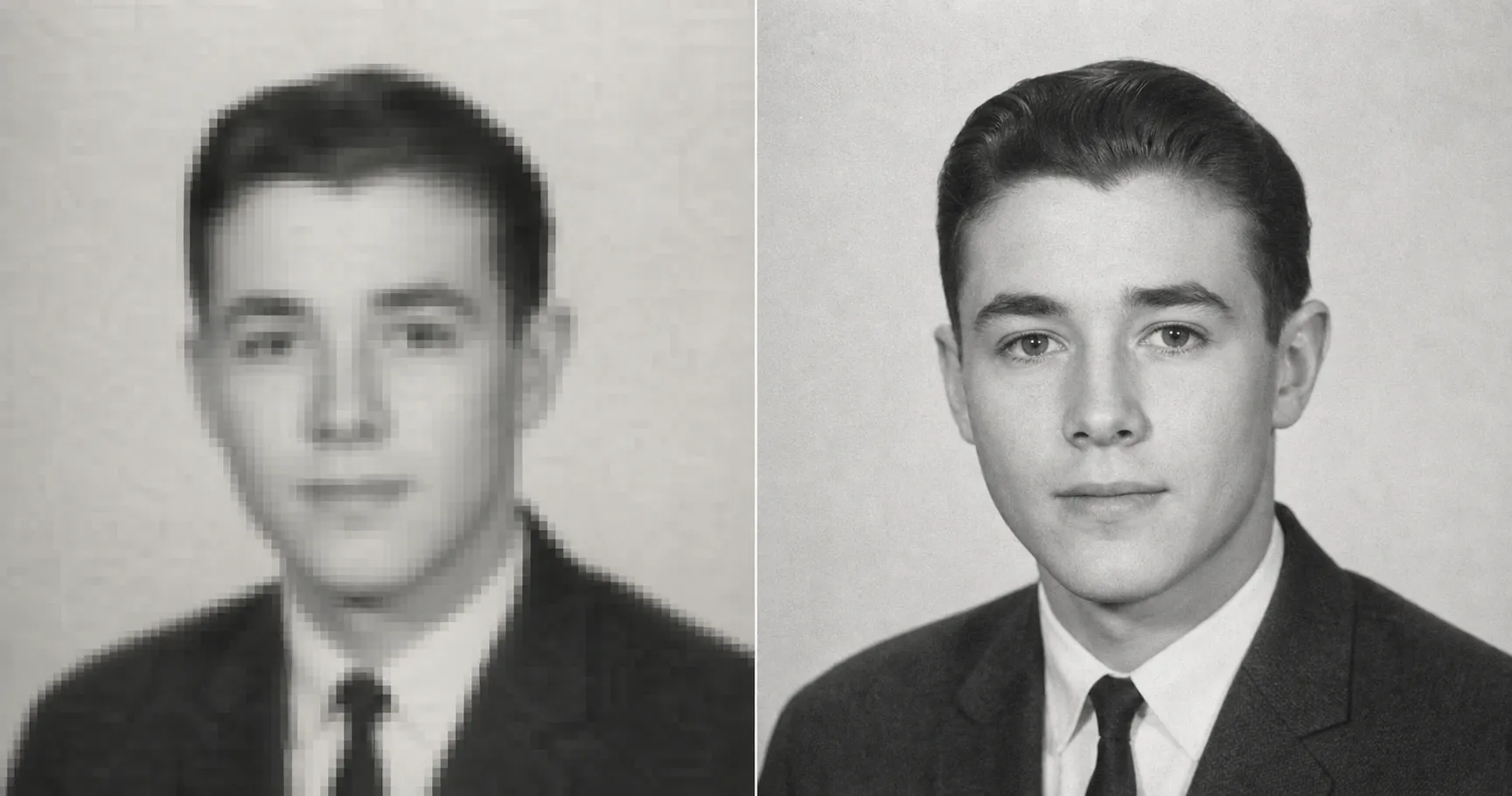 Before and after of a tiny low-resolution out-of-focus 1960s black-and-white wallet portrait of a young man, pixelated and soft on the left, brought to a clear naturally detailed black-and-white print on the right with the same face and suit, still in pure black-and-white.
