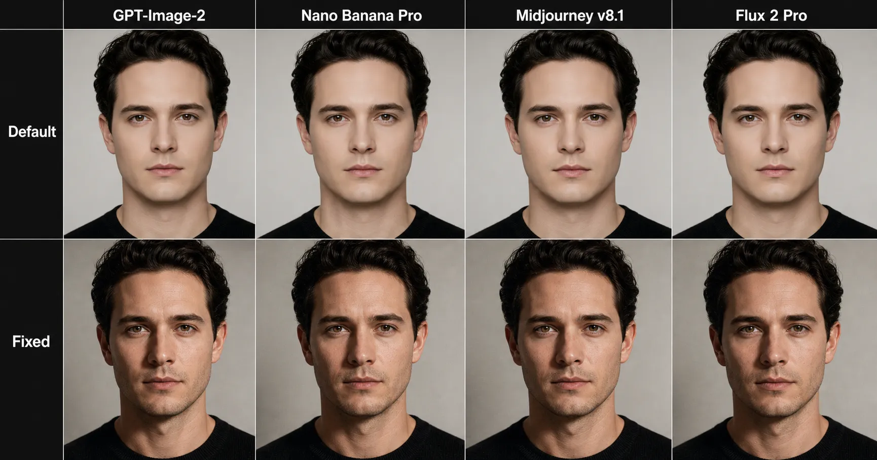 Four-model comparison strip: same identity and same default "good skin" prompt rendered across GPT-Image-2, Nano Banana Pro, Midjourney v8.1, and Flux 2 Pro — all four produce porcelain wax-figure skin; the same identity with the micro-imperfection trio added produces photoreal skin with visible pores on all four.