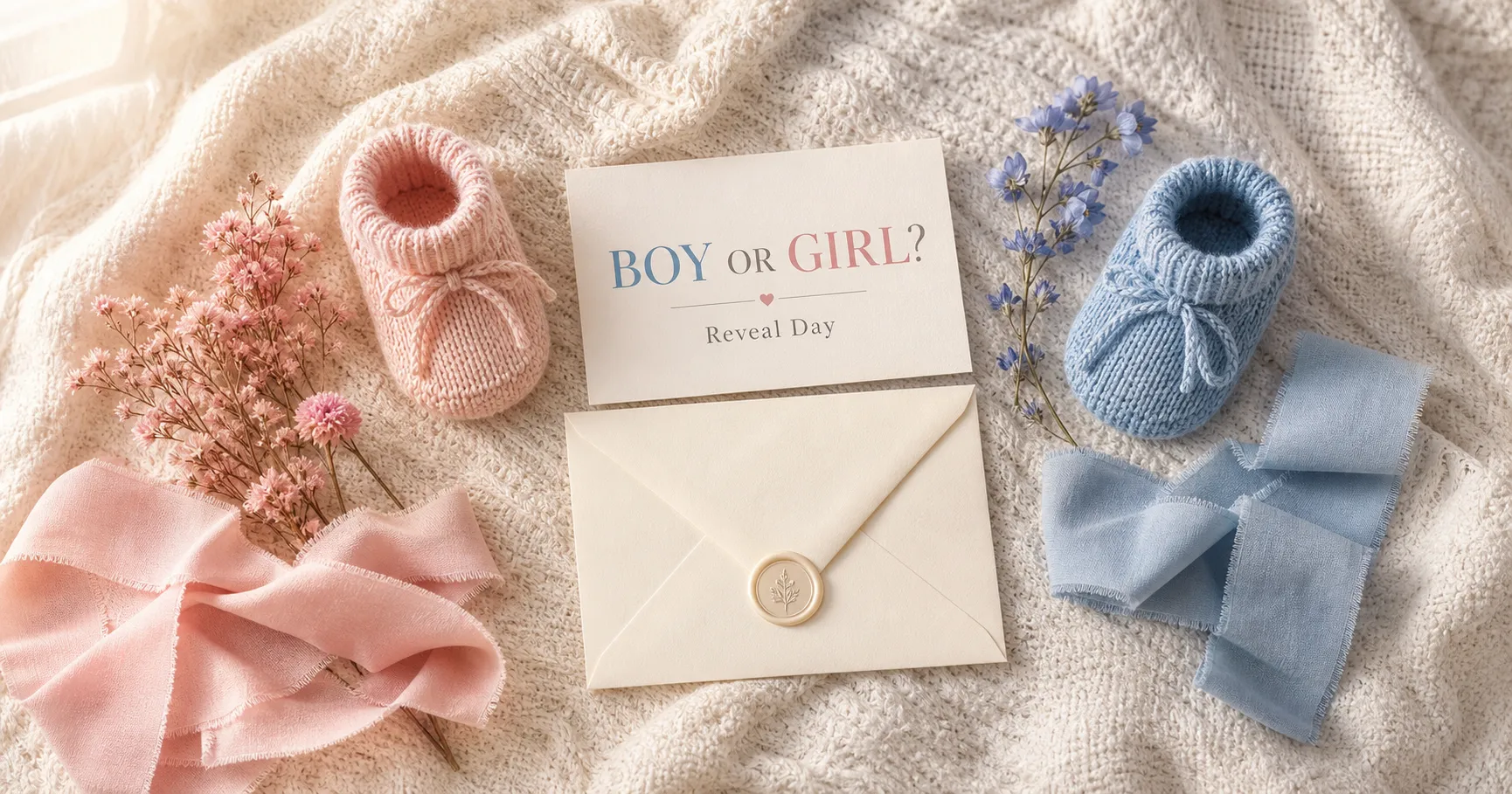 A polished overhead gender-reveal flat-lay with pink booties and florals on the left, blue on the right, and a Boy or Girl card on a cream knit blanket, ready to post.