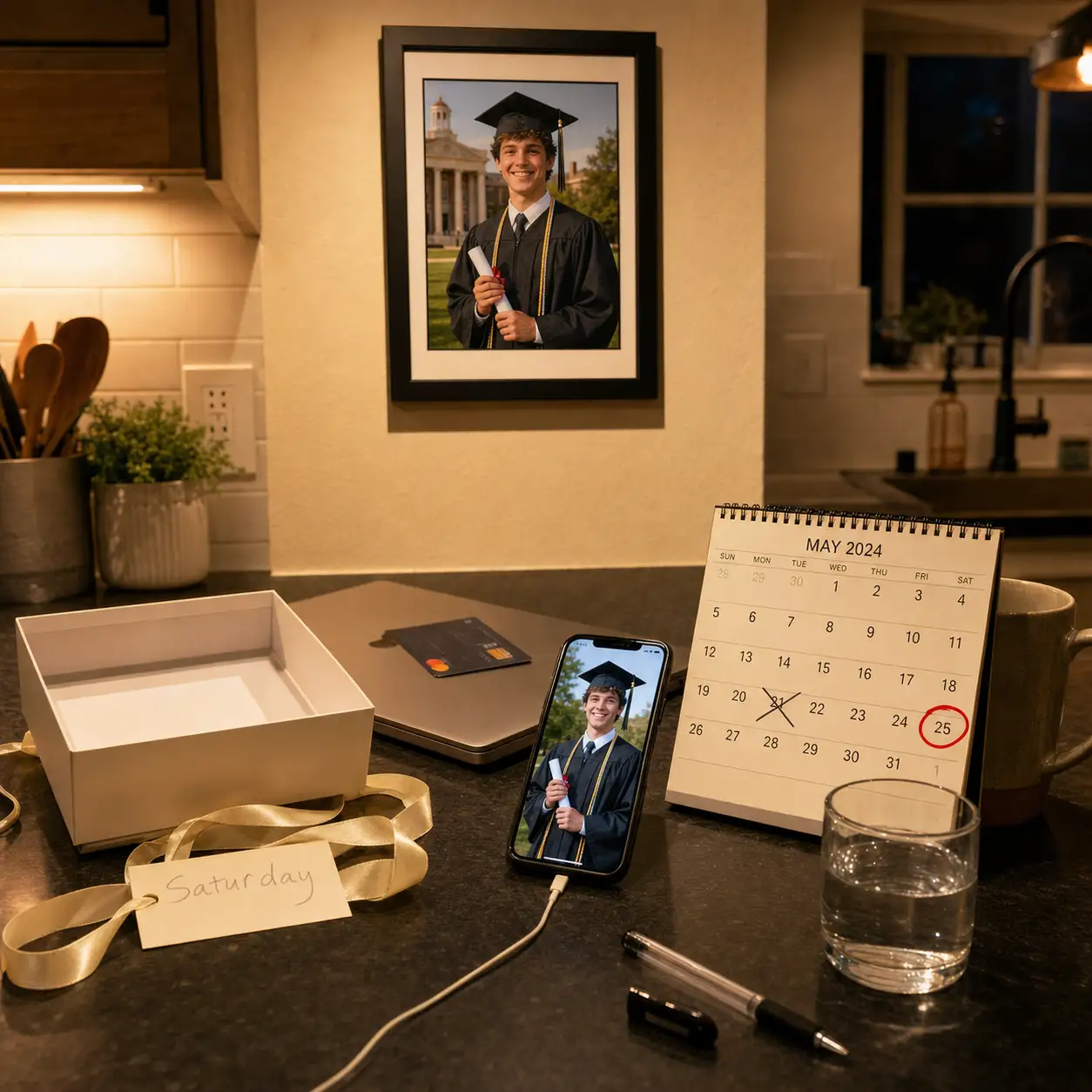 Flat-lay of a panic-shopper's Tuesday-night kitchen counter: empty gift box, phone showing one graduation photo, calendar with Saturday circled in red, and a finished framed AI graduation portrait already hung on the wall above. Illustrates that one phone photo can become a framed graduation gift by the weekend.