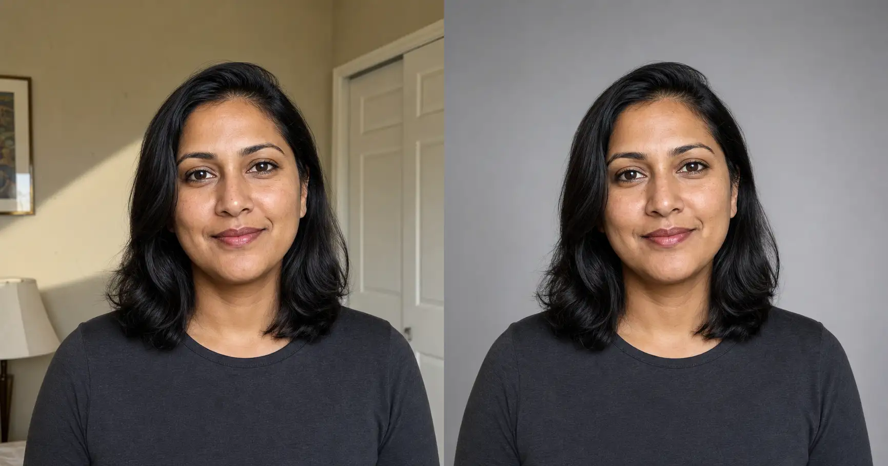 Professional headshot background before and after: the same person shown left against a cluttered harsh-shadow home wall and right against a clean neutral mid-gray studio backdrop, showing how changing the headshot background fixes the photo without reshooting.