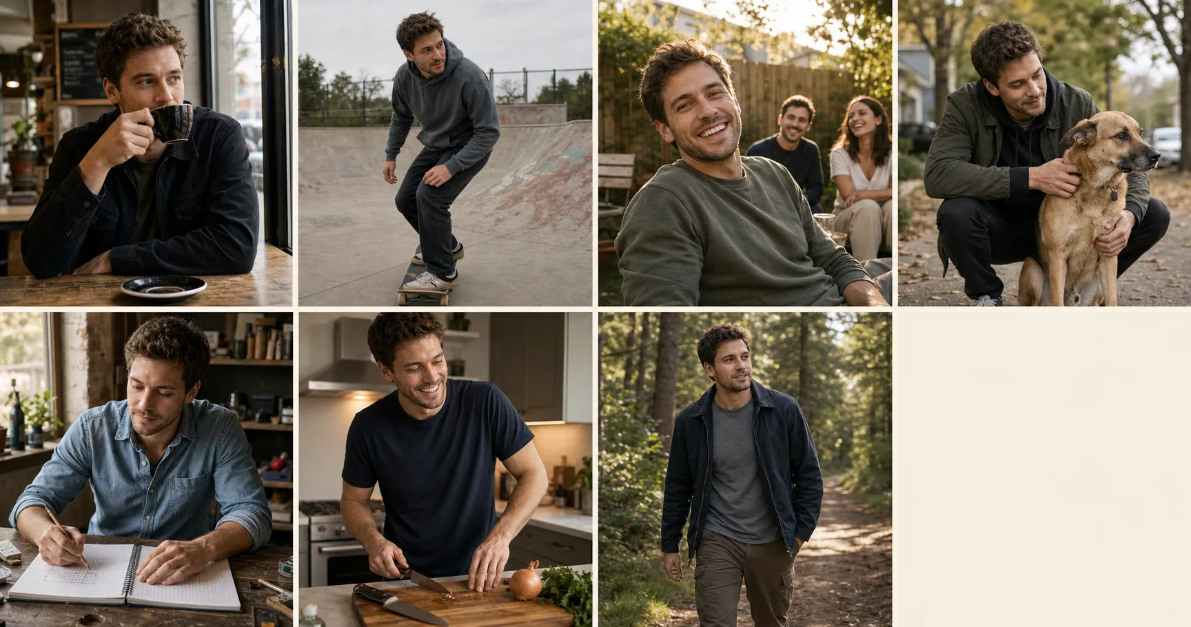 A 2-row by 4-column composite of seven dating profile photo archetypes for men, all identity-locked to the same 32-year-old man with brown hair, hazel eyes, square jaw, and light stubble, showing him at a neighborhood cafe counter, mid-stride on a skate ramp, mid-laugh on a sunlit back patio with two friends, crouched alongside a mixed-breed dog on a neighborhood sidewalk, sketching at a workshop table in a chambray shirt, mid-laugh at his kitchen counter with a chef's knife, and mid-walk on a forest path, the visual taxonomy of the 7 male-coded dating-photo archetypes that read as a man with a life instead of a man trying to perform one.