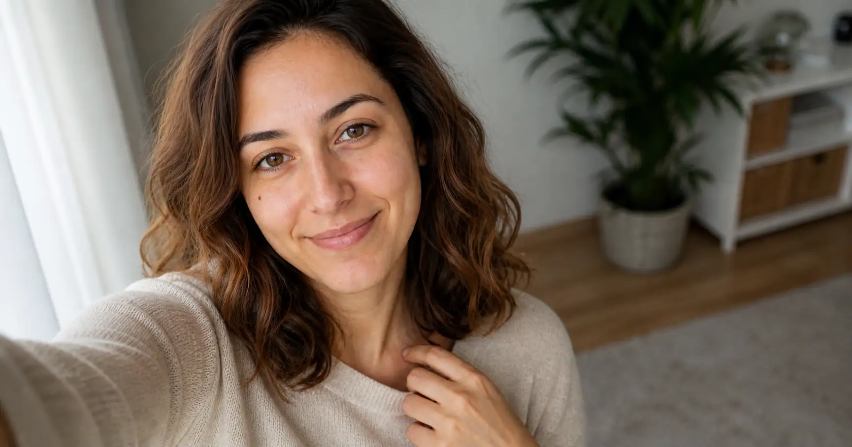 A woman taking a natural selfie in soft window light with the phone held above eye level and her face turned three-quarters, a flattering selfie pose that does not look stiff or try-hard.