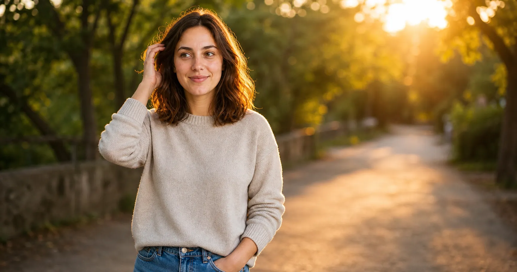 A woman standing at a relaxed angle at golden hour, one hand in her pocket, looking off-camera, a flattering photo pose that does not look stiff.