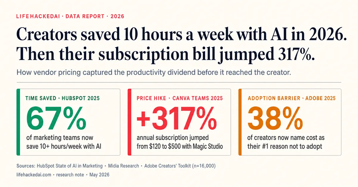 Editorial data-report cover with the headline 'Creators saved 10 hours/week with AI in 2026. Their subscription bill jumped 317%.' Three metric tiles below the headline: 67% of marketing teams save 10+ hours per week with AI (HubSpot 2025), Canva Teams annual subscription up 317% in one year (+$120 to $500 with Magic Studio), and 38% of creators now name cost as their #1 reason not to adopt AI (Adobe 2025).
