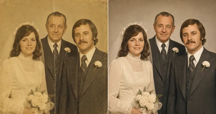 Before and after of a yellowed 1974 family wedding portrait restored with AI, the crease and fading gone but the same three faces preserved.