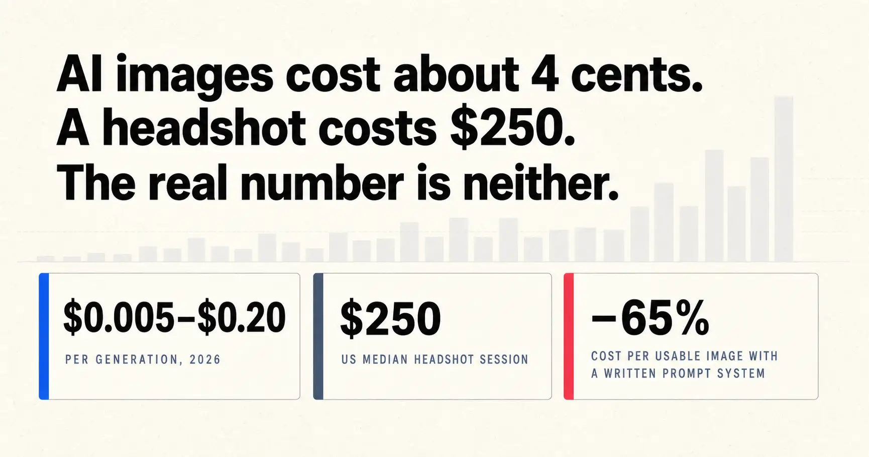 Editorial data-report cover with the headline 'AI images cost about 4 cents. A headshot session costs $250. So why is the real number neither of those?' Three metric tiles below: AI image generation runs $0.005 to $0.20 per generation across 12+ models (2026 public API pricing), the US median professional headshot session is $250 (HeadshotPro 2025), and a written 19-rule prompt system cut lifehackedai's cost per usable image by 65% across roughly 380 production renders.
