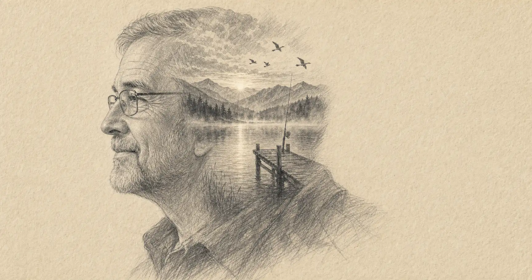 Hand-drawn pencil-sketch portrait of an older man's left-facing profile on warm cream textured paper, with a misty sunrise mountain lake, a wooden fishing dock, and a single fishing rod hidden inside his silhouette, an AI-generated Father's Day gift example showing the double-exposure pencil technique.