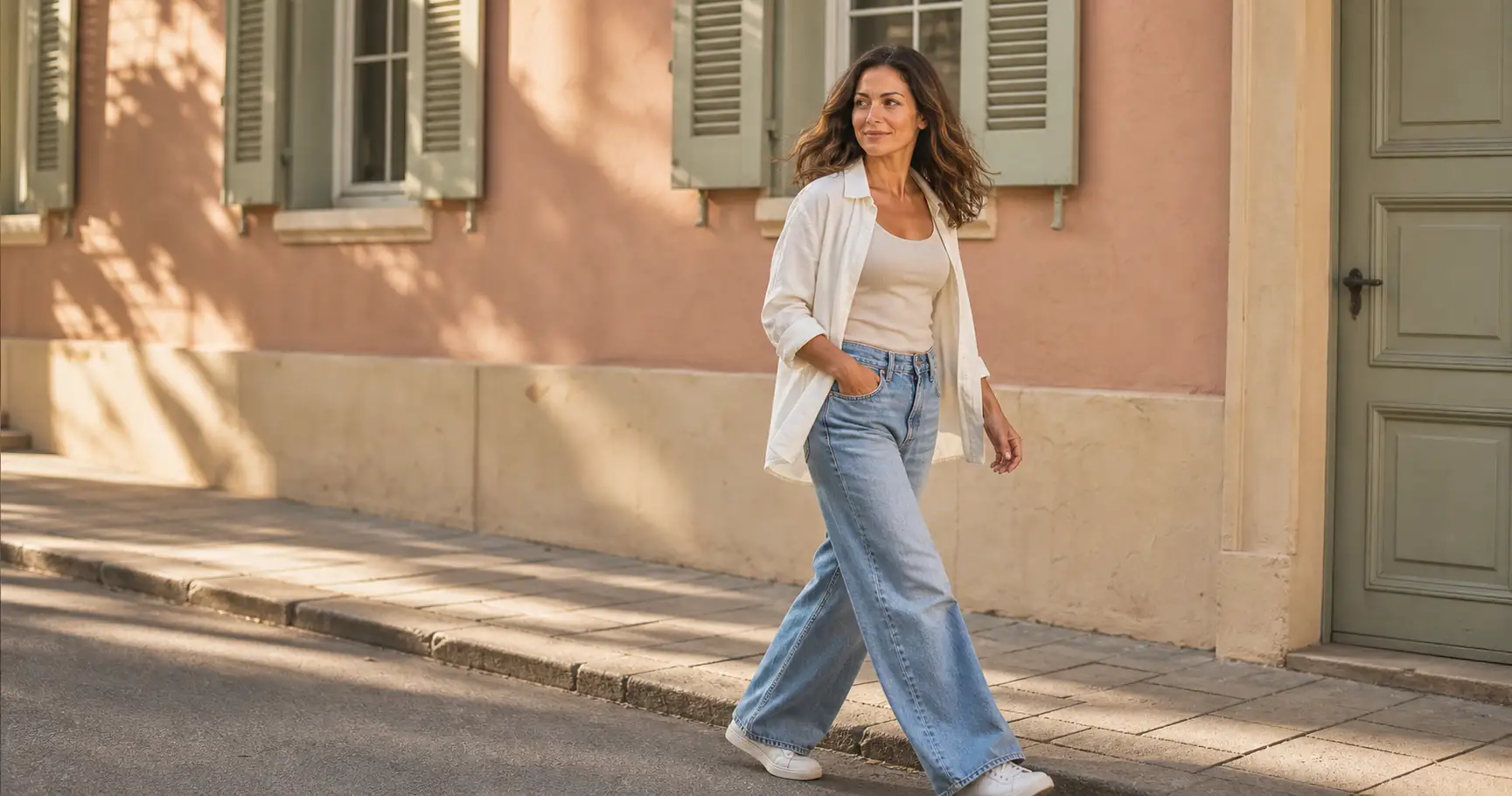 A woman walking mid-stride on a sunlit city street looking off-camera, a relaxed full-body Instagram pose that does not look stiff.