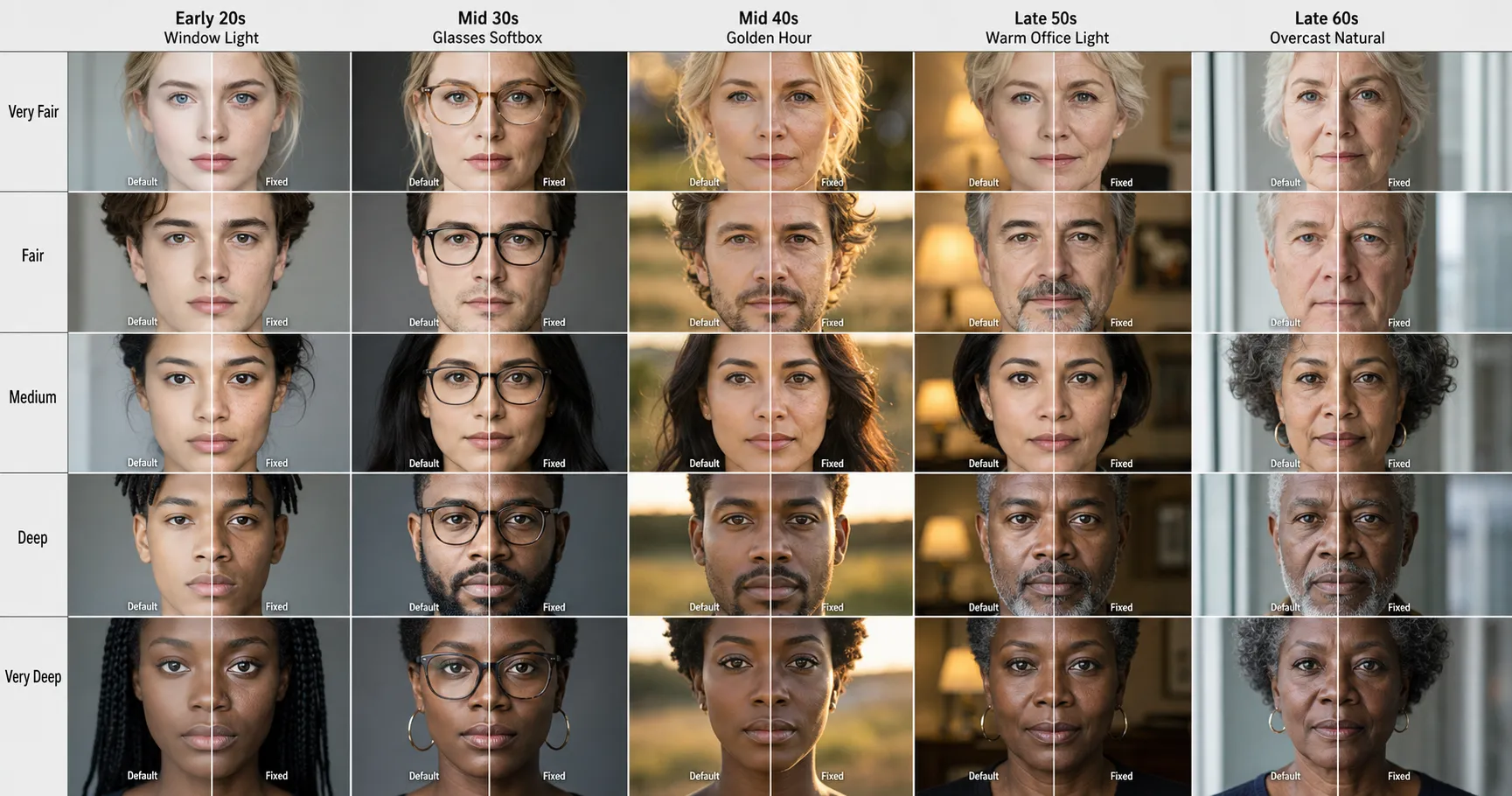 5x5 before-after grid of 25 AI-generated editorial portrait pairs across five skin tones and five age-and-lighting columns; left half of each cell shows the porcelain-skin AI default, right half shows the same identity-locked face with the micro-imperfection trio applied (visible pores, micro-asymmetry, 35mm film grain) under directional natural light.