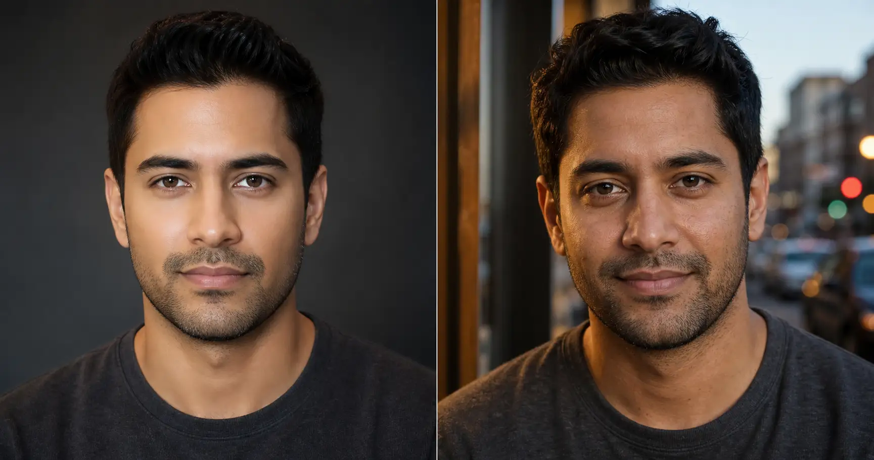 Side-by-side of two dating-app photos of the same man: the left looks fake with waxy plastic skin, dead glassy eyes, and a subtly altered face, while the right looks like a real, natural photo of him on a good day with his actual face and normal skin texture kept intact.
