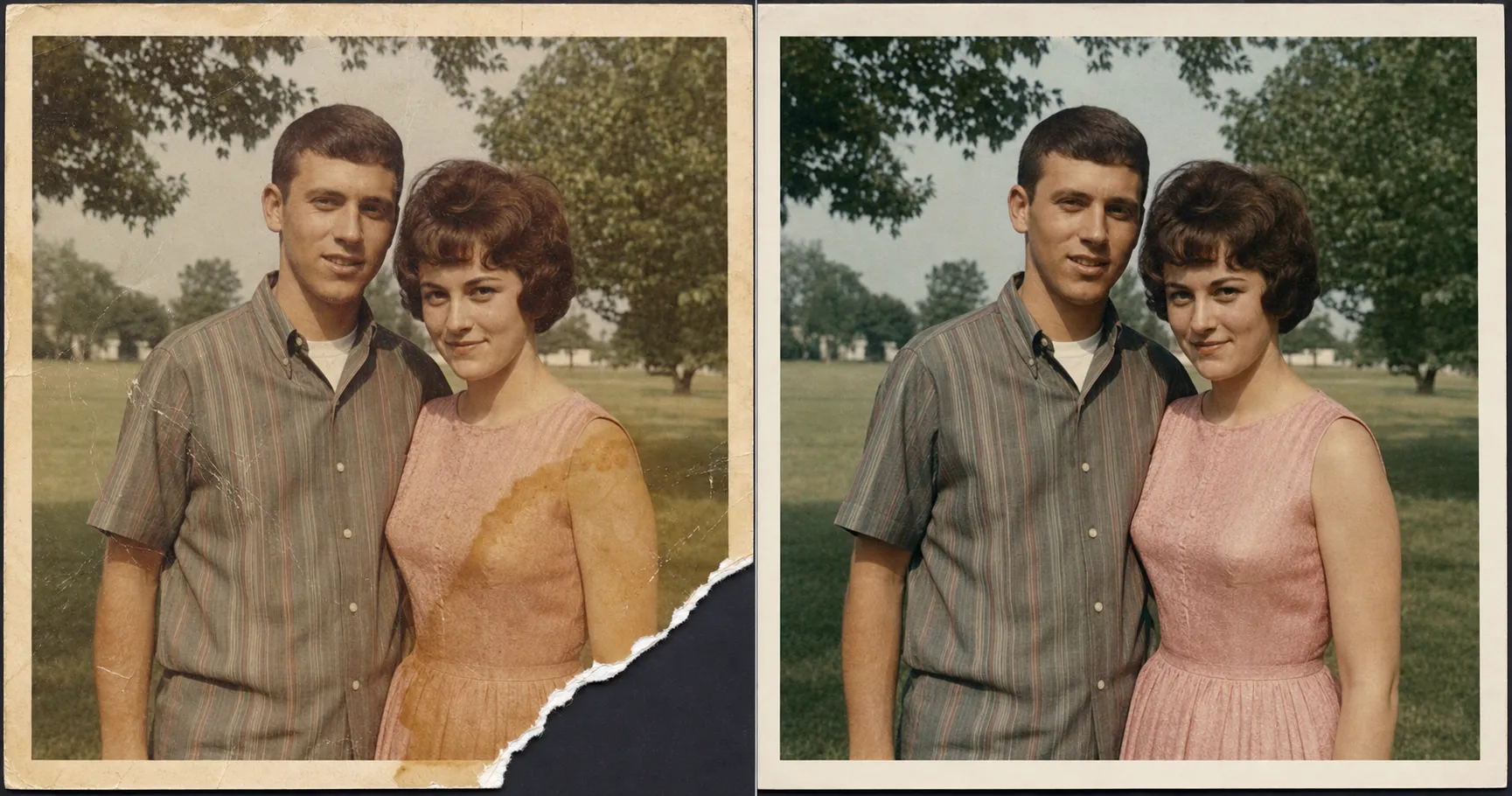 Side-by-side before and after of a 1960s color snapshot of a young couple. The before on the left has a torn-off lower-right corner, an amber water stain across the woman's shoulder, surface scratches, and heavy yellowing. The after on the right has the stain and scratches gone, natural period color rebuilt, and the torn corner conservatively reconstructed to continue the existing grass and border while both faces stay exactly the same two people. Visual proof that AI can repair physical photo damage without inventing a new corner or changing the faces.