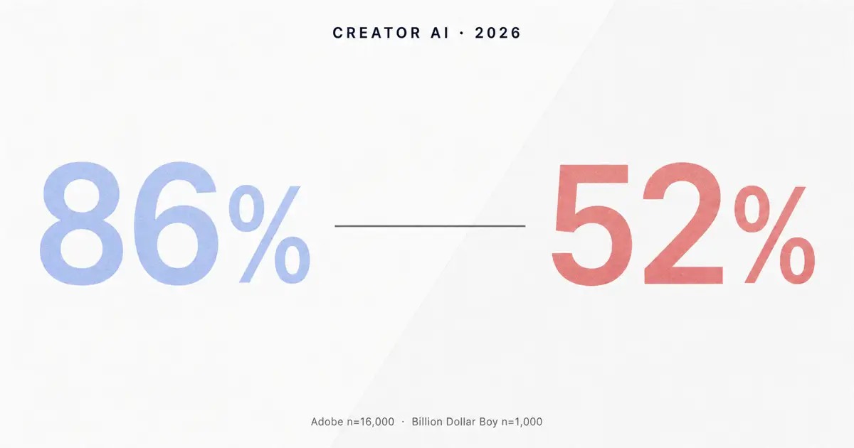 Editorial data-report cover illustrating the 2026 creator AI adoption gap: a stylized split visualization showing high adoption on one side and elevated burnout signals on the other, anchored by the 86% and 52% figures from Adobe and Billion Dollar Boy.