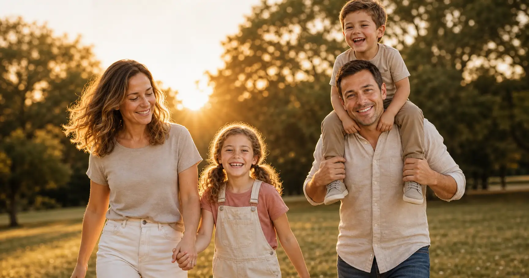 A family of four walking together and laughing outdoors at golden hour, the youngest up on Dad's shoulders, a relaxed family photo idea that does not look stiff or staged.