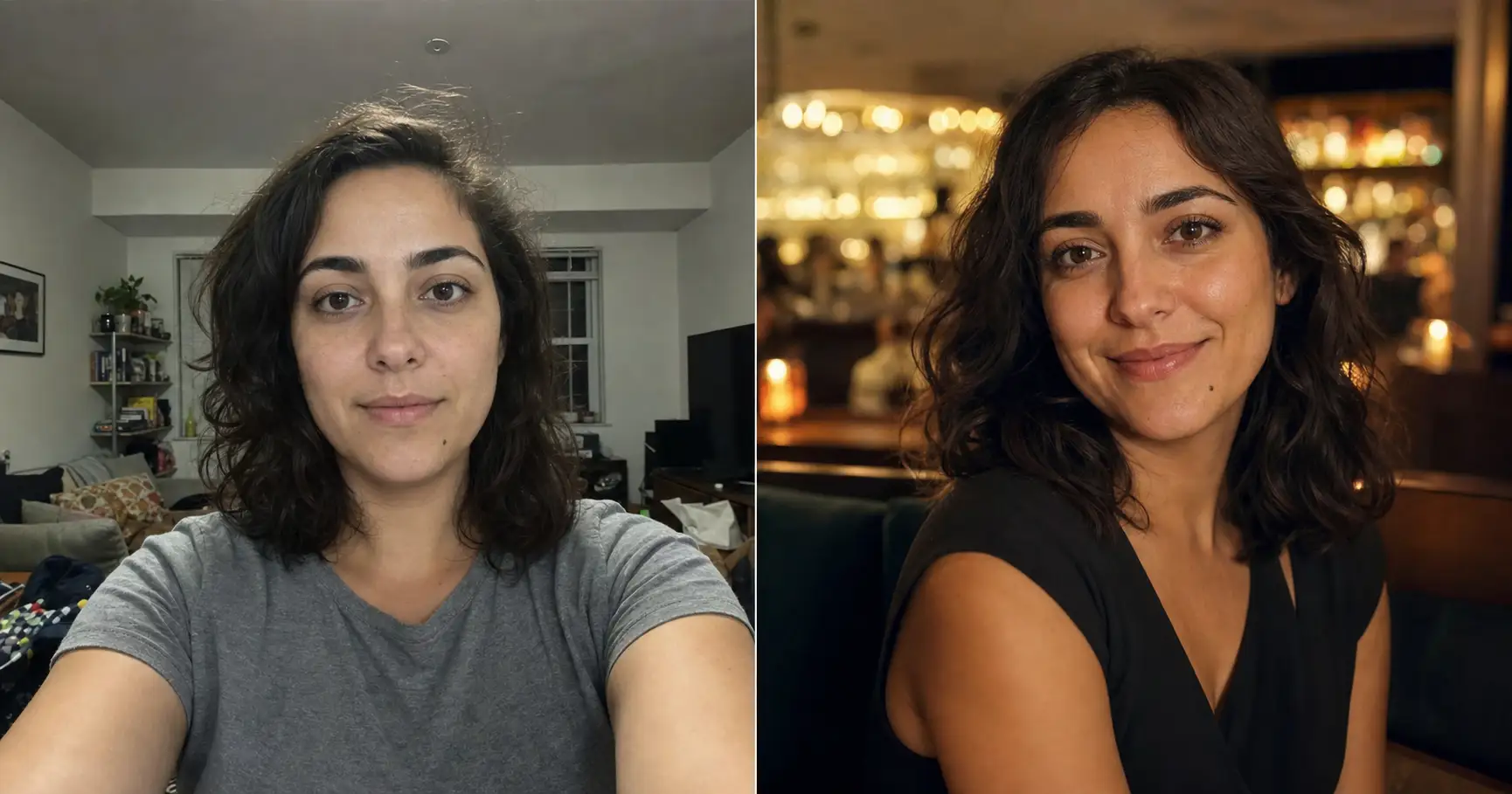 Side-by-side of one woman's dating photo: left, a plain dim indoor phone selfie; right, the same woman as a polished date-night photo with her real face kept, warm evening lighting and a nicer setting, made without a photographer.