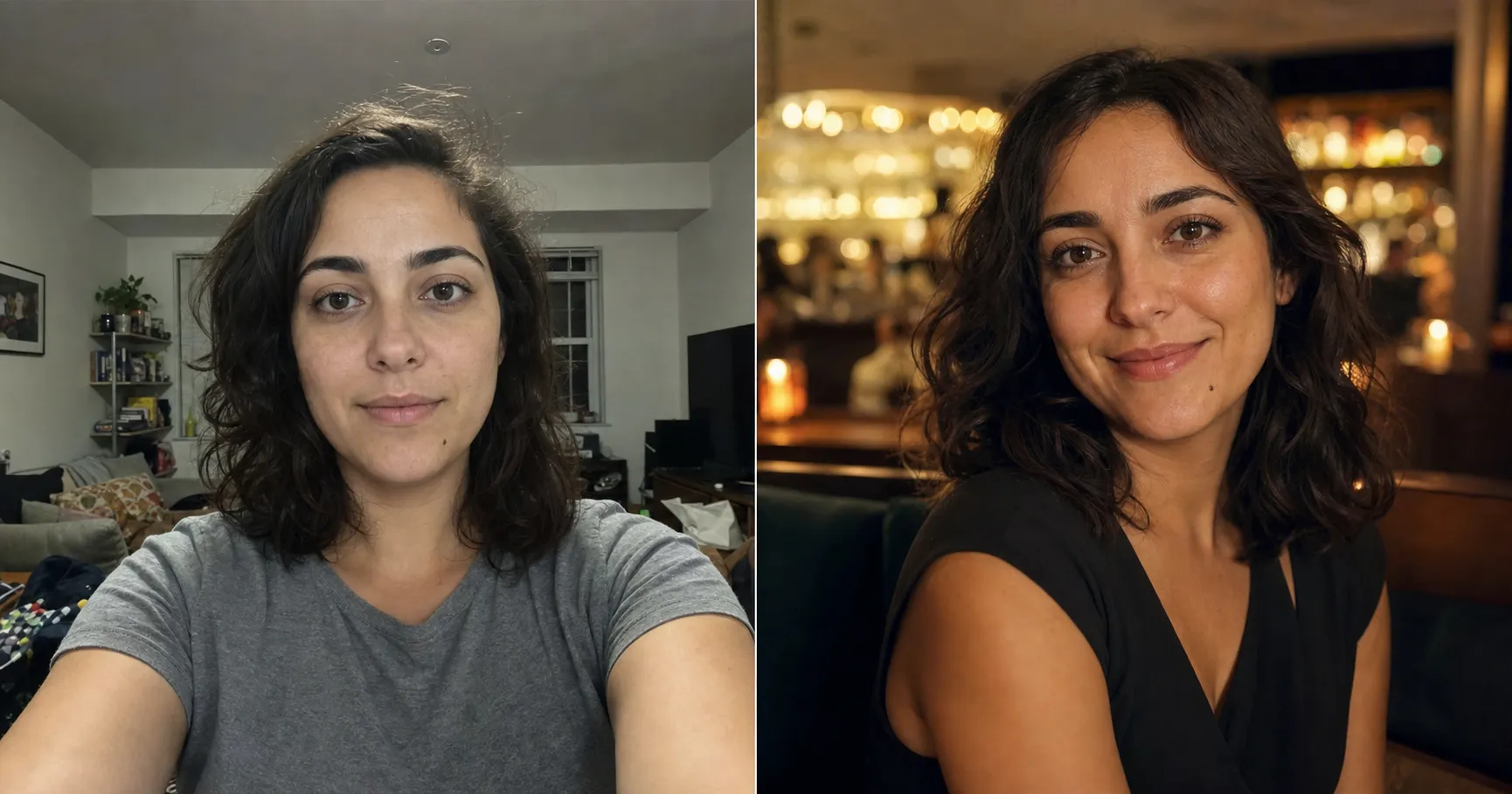 Side-by-side of one woman's dating photo: left, a plain dim indoor phone selfie; right, the same woman as a polished date-night photo with her real face kept, warm evening lighting and a nicer setting, made without a photographer.