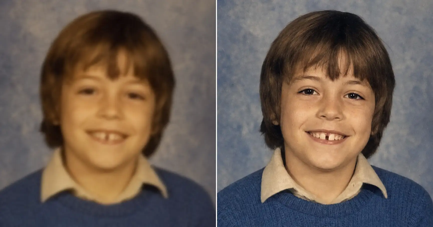 Side-by-side before and after of a blurry low-resolution 1980s child's school portrait, soft and out of focus on the left, brought up to a clear naturally detailed print on the right with the same face, same gap-toothed smile, and same haircut. Visual proof that AI can sharpen an old photo without inventing fake detail or changing the person.