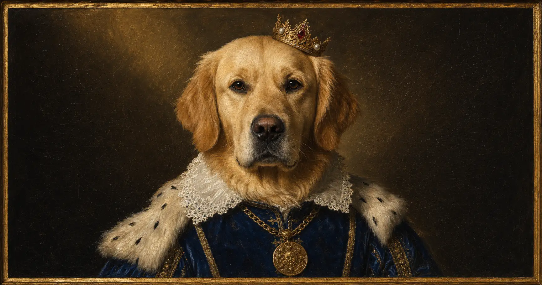 Oil-painting royal portrait of a golden retriever as a 17th-century European noble, wearing a deep-blue velvet doublet with ermine collar, gold medallion, and miniature crown, lit by chiaroscuro from the upper left against a deep-umber background, framed in gold leaf. An AI-generated royal pet portrait example showing the velvet-doublet-with-crown variant of the prompt.